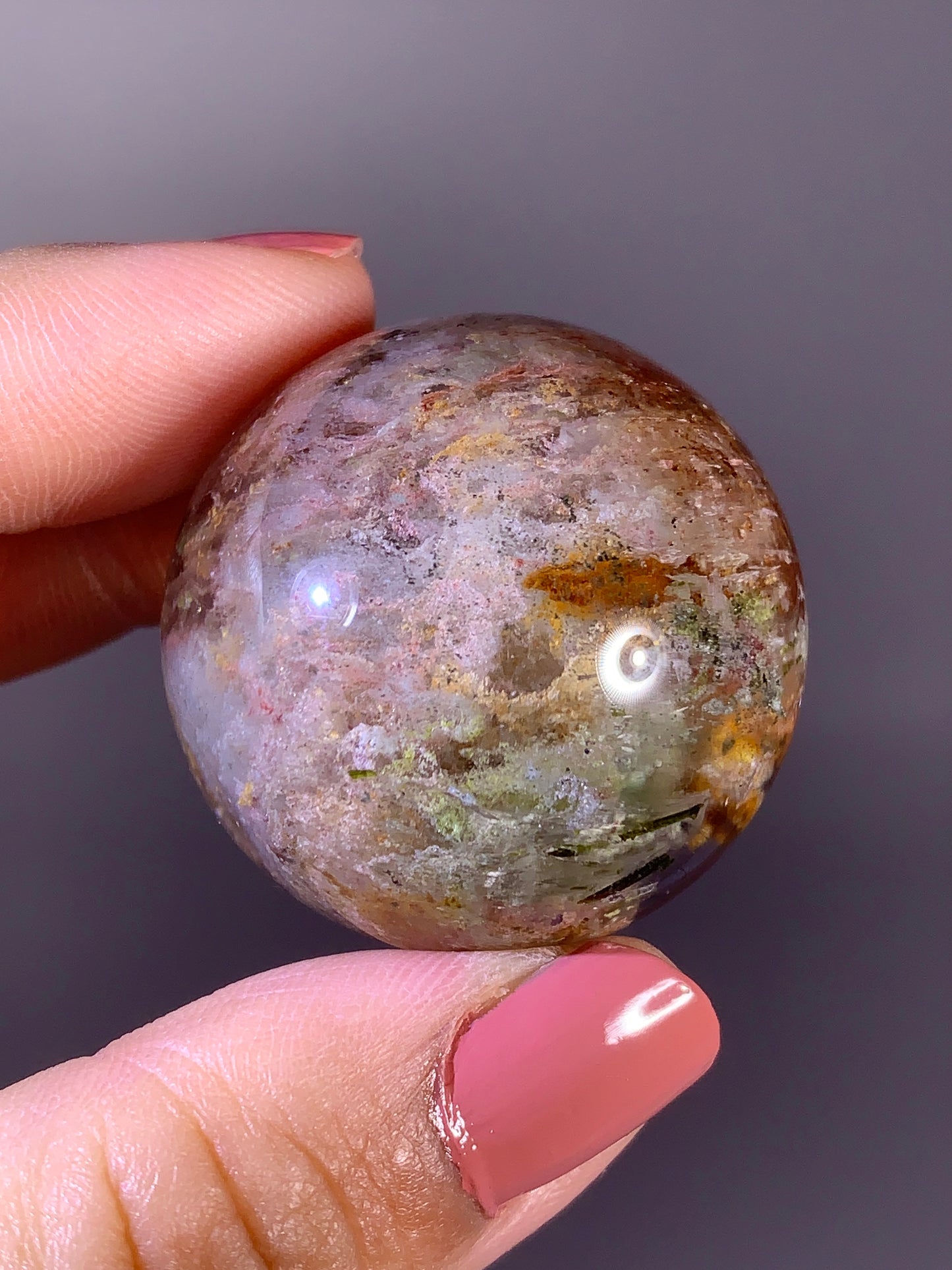 Collector’s Grade Colorful Garden Quartz Sphere with Pink Amphibole & Tourmaline Inclusions from Zambia
