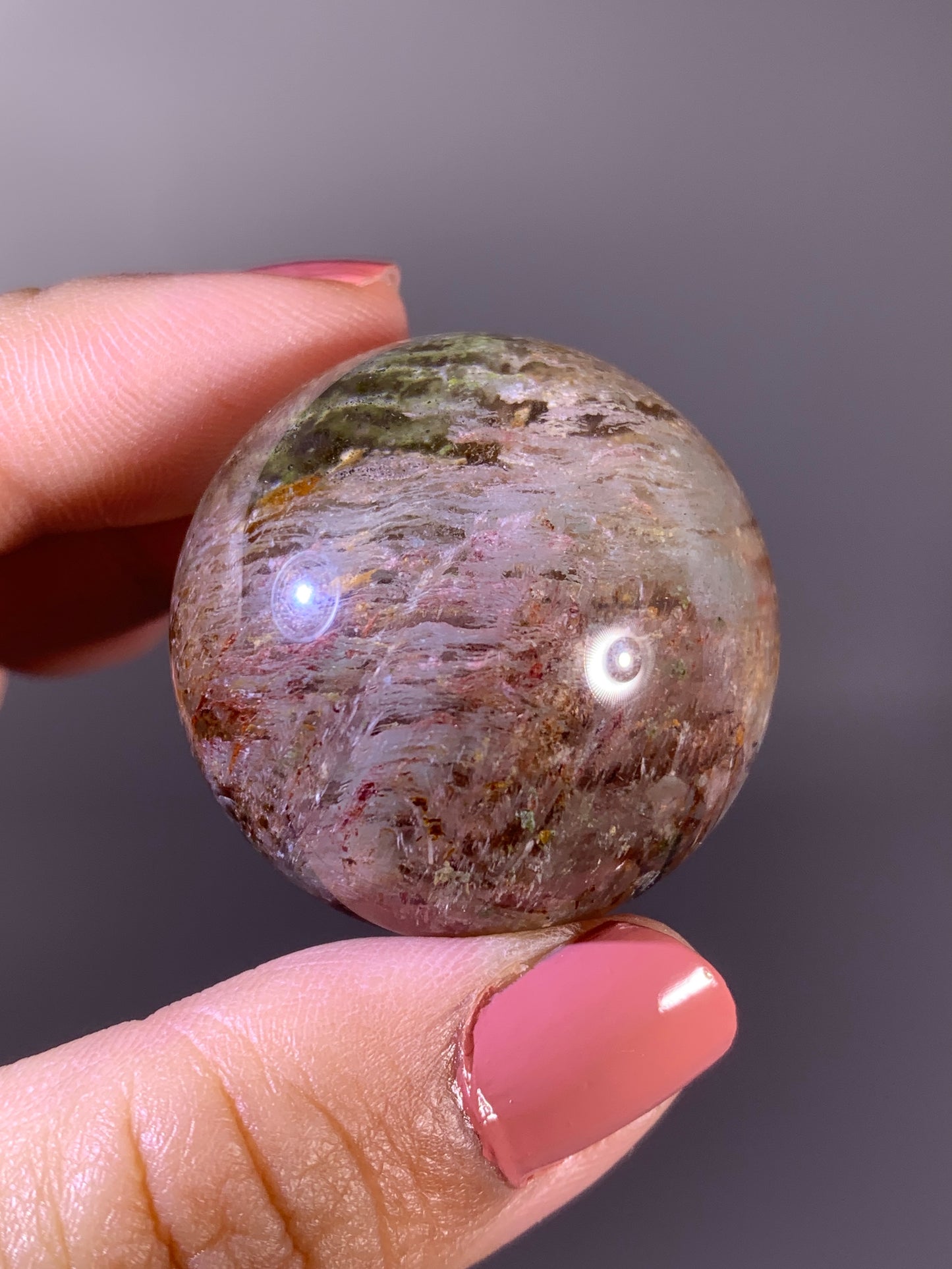 Collector’s Grade Colorful Garden Quartz Sphere with Pink Amphibole & Tourmaline Inclusions from Zambia