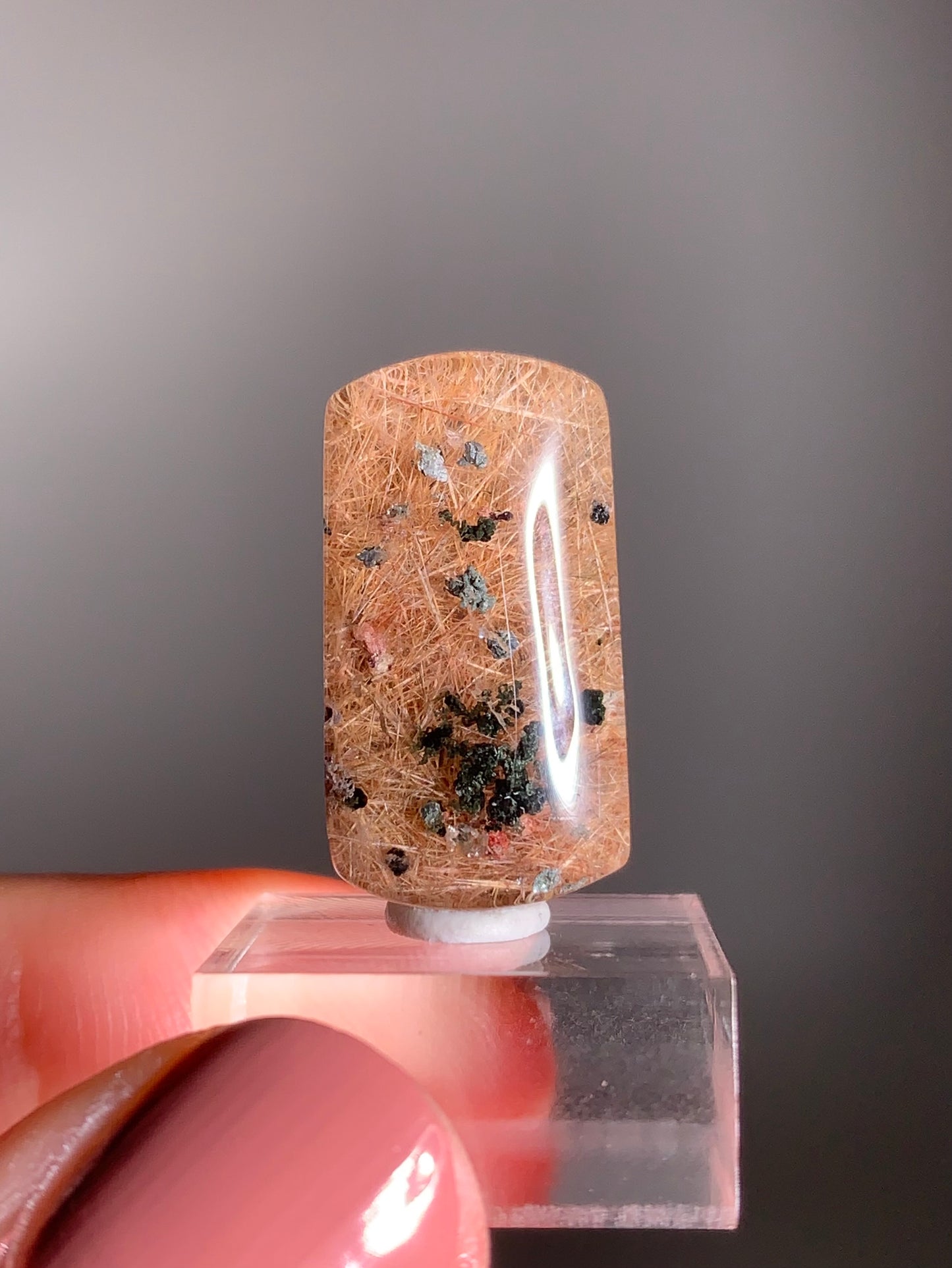 Rare Madagascar Polished Pink Nude Rutile with Green Lodolite Inclusion