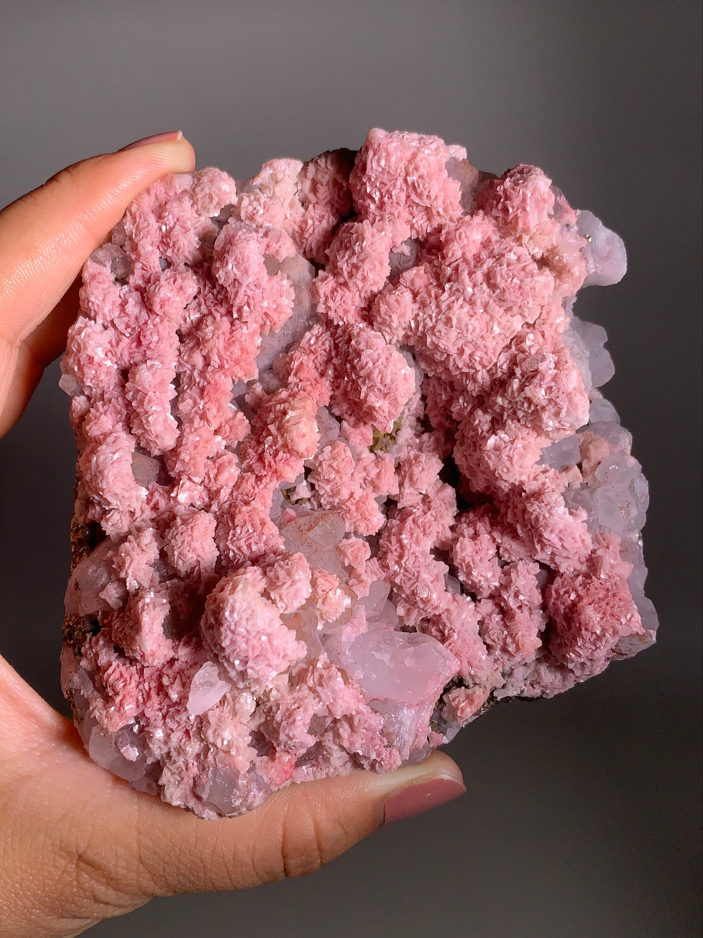 Pink Dolomite on Quartz with Pyrite Sprinkle