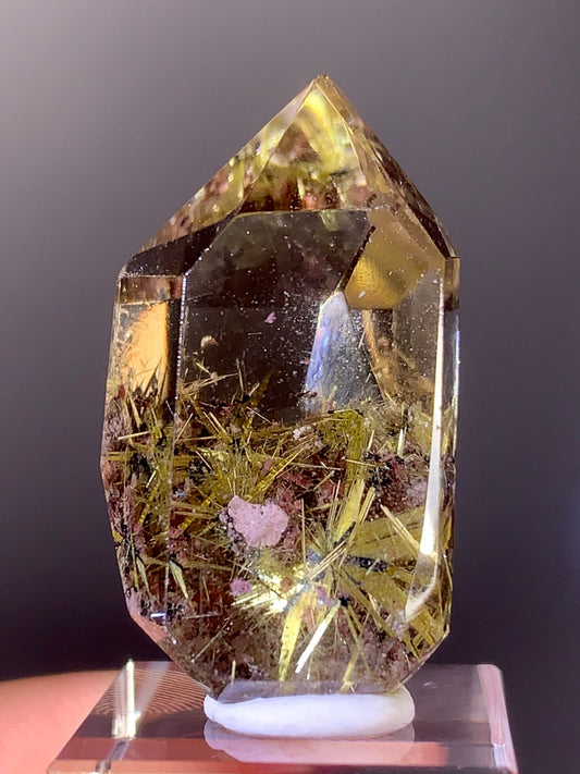 High-Quality Novo Horizonte Rutile on Hematite with Pink Garden Quartz Polished Tower from Brazil
