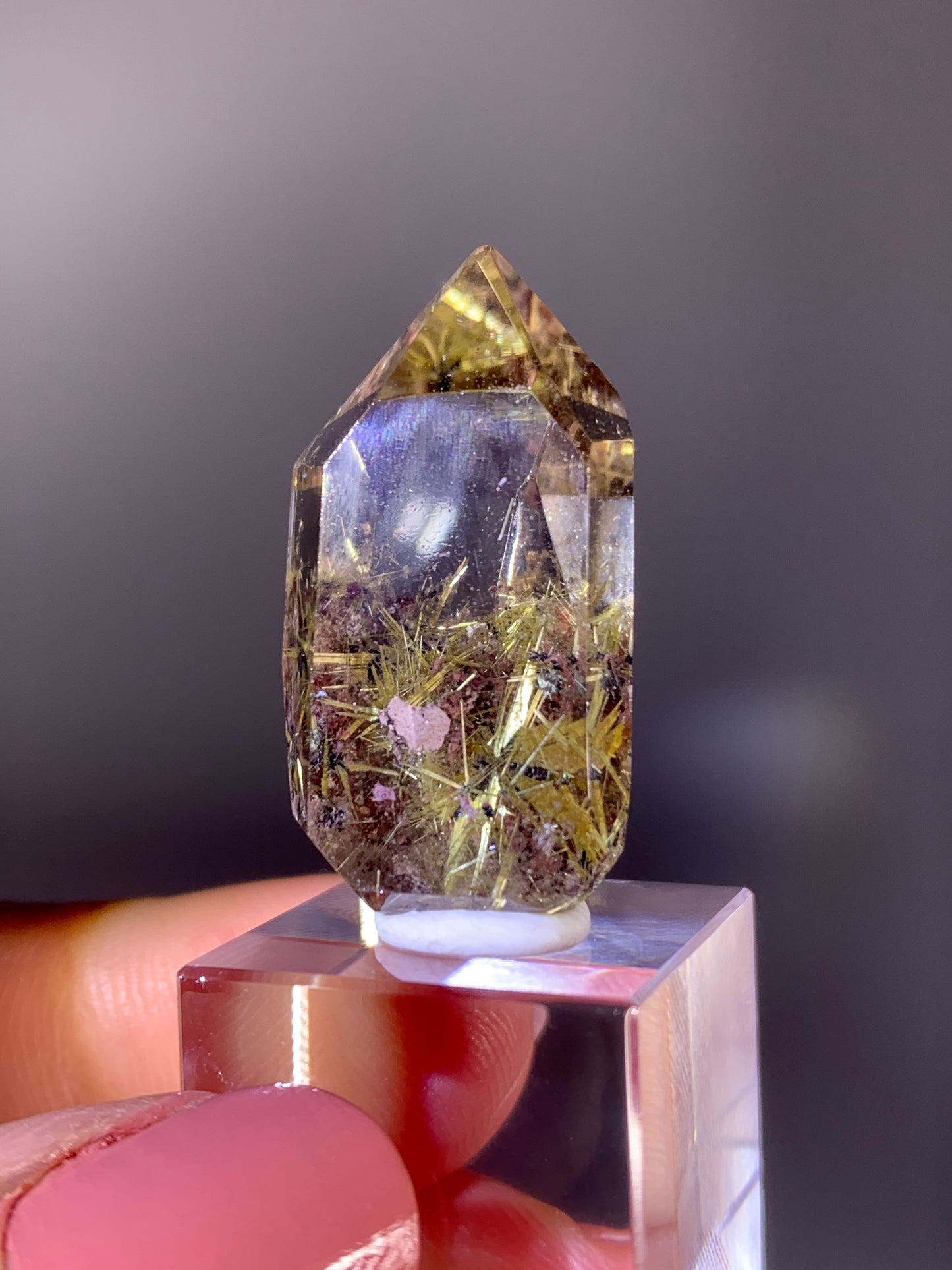 High-Quality Novo Horizonte Rutile on Hematite with Pink Garden Quartz Polished Tower from Brazil