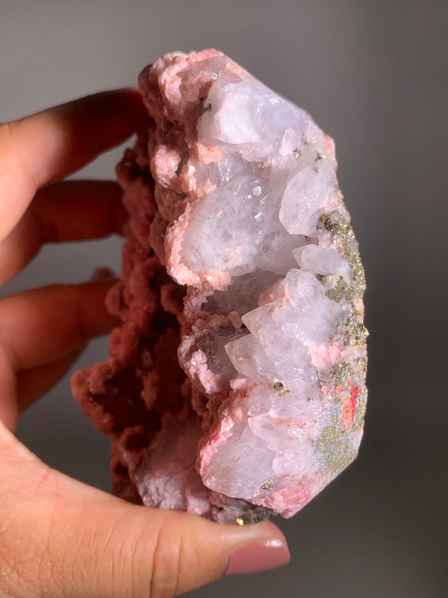 Pink Dolomite on Quartz with Pyrite Sprinkle