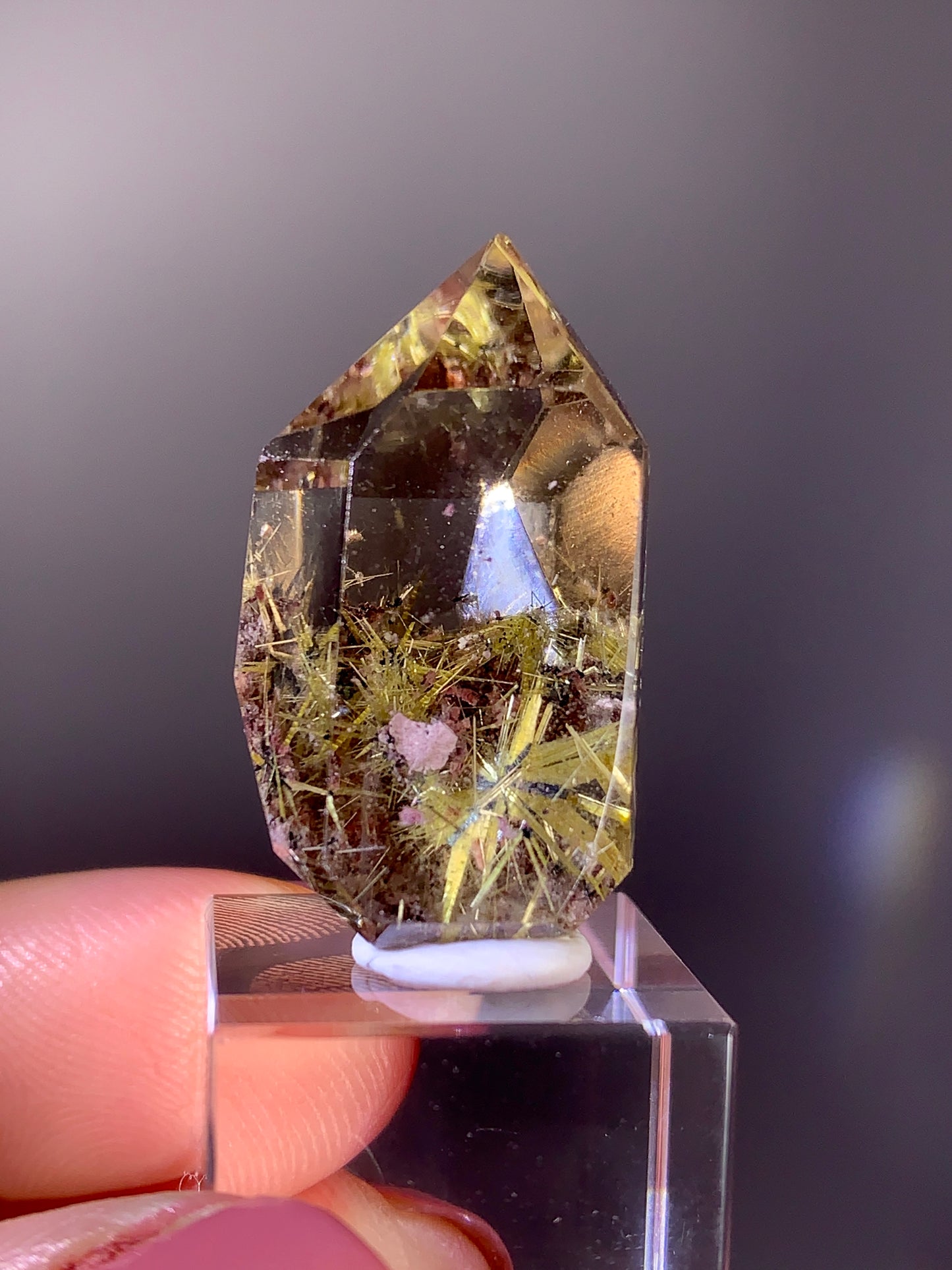 High-Quality Novo Horizonte Rutile on Hematite with Pink Garden Quartz Polished Tower from Brazil
