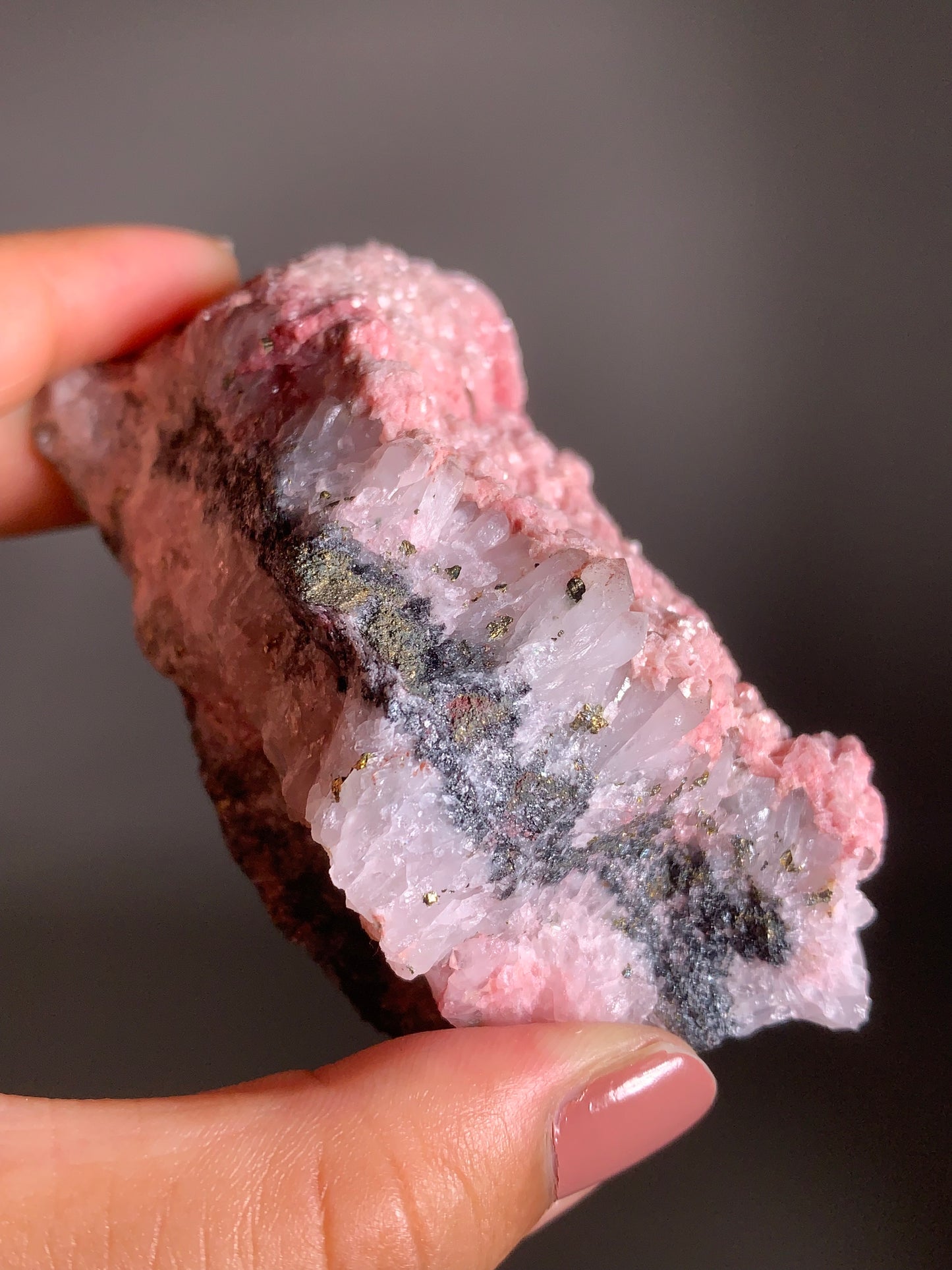 Pink Dolomite on Quartz with Pyrite Sprinkle