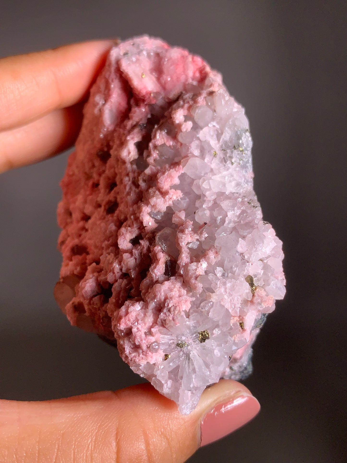 Pink Dolomite on Quartz with Pyrite Sprinkle