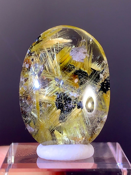High-Quality Novo Horizonte Rutile on Hematite Quartz Polished Cabochon from Brazil