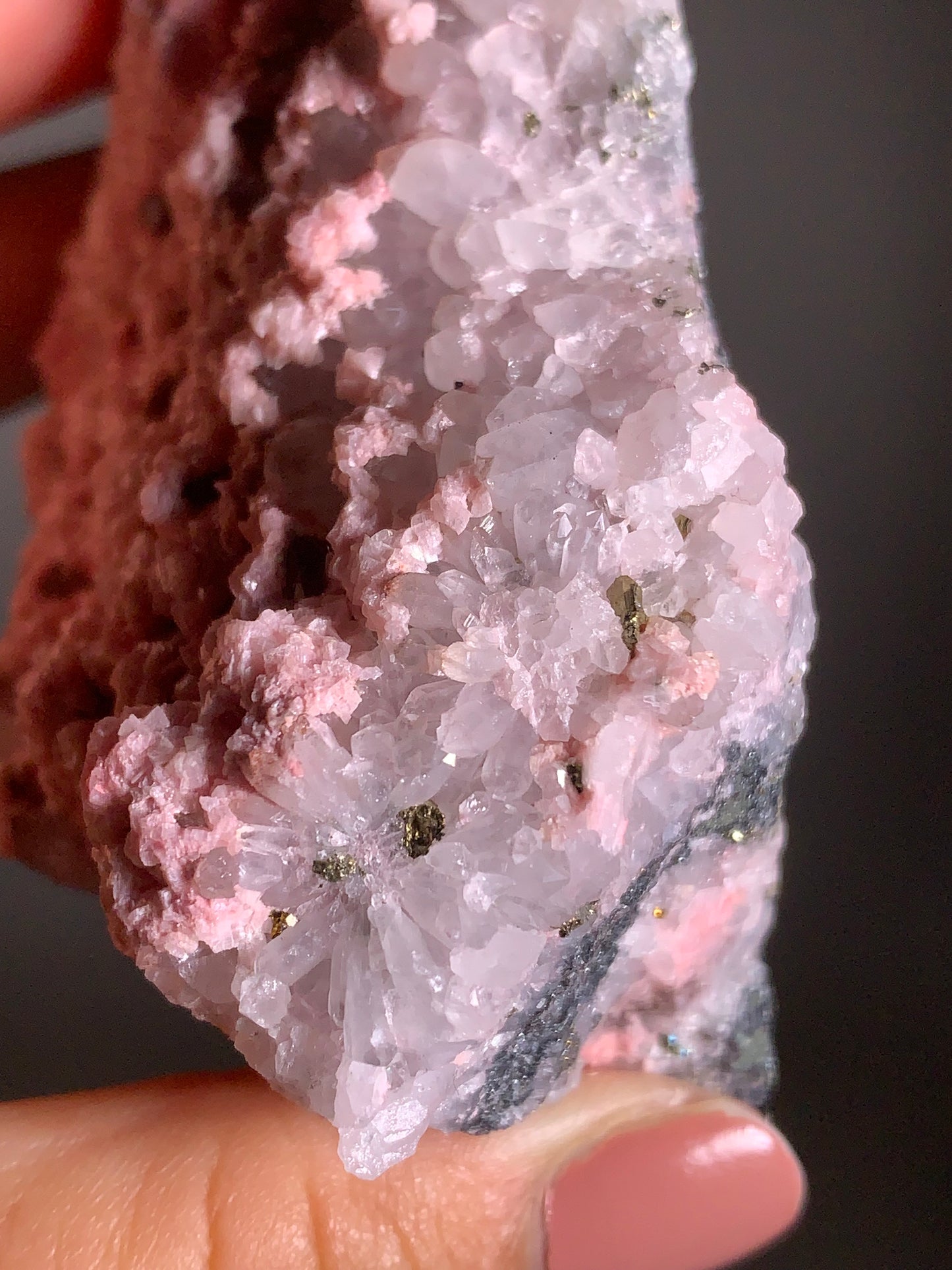 Pink Dolomite on Quartz with Pyrite Sprinkle
