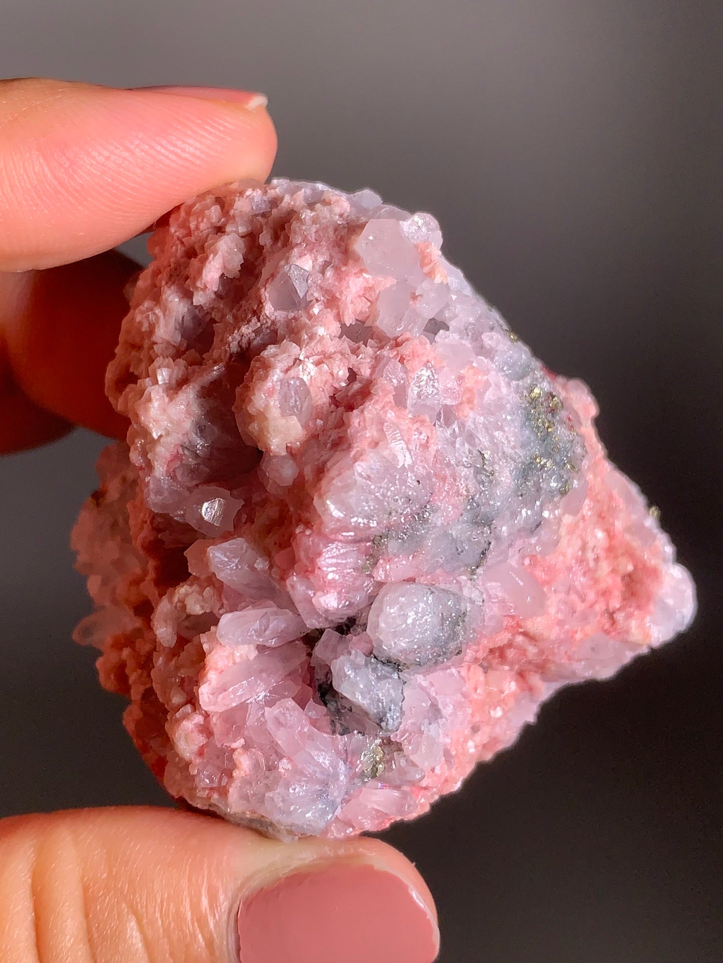 Pink Dolomite on Quartz with Pyrite Sprinkle