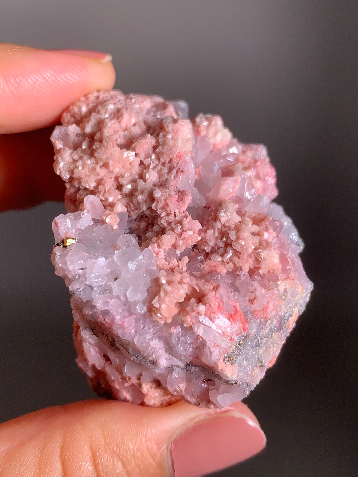 Pink Dolomite on Quartz with Pyrite Sprinkle
