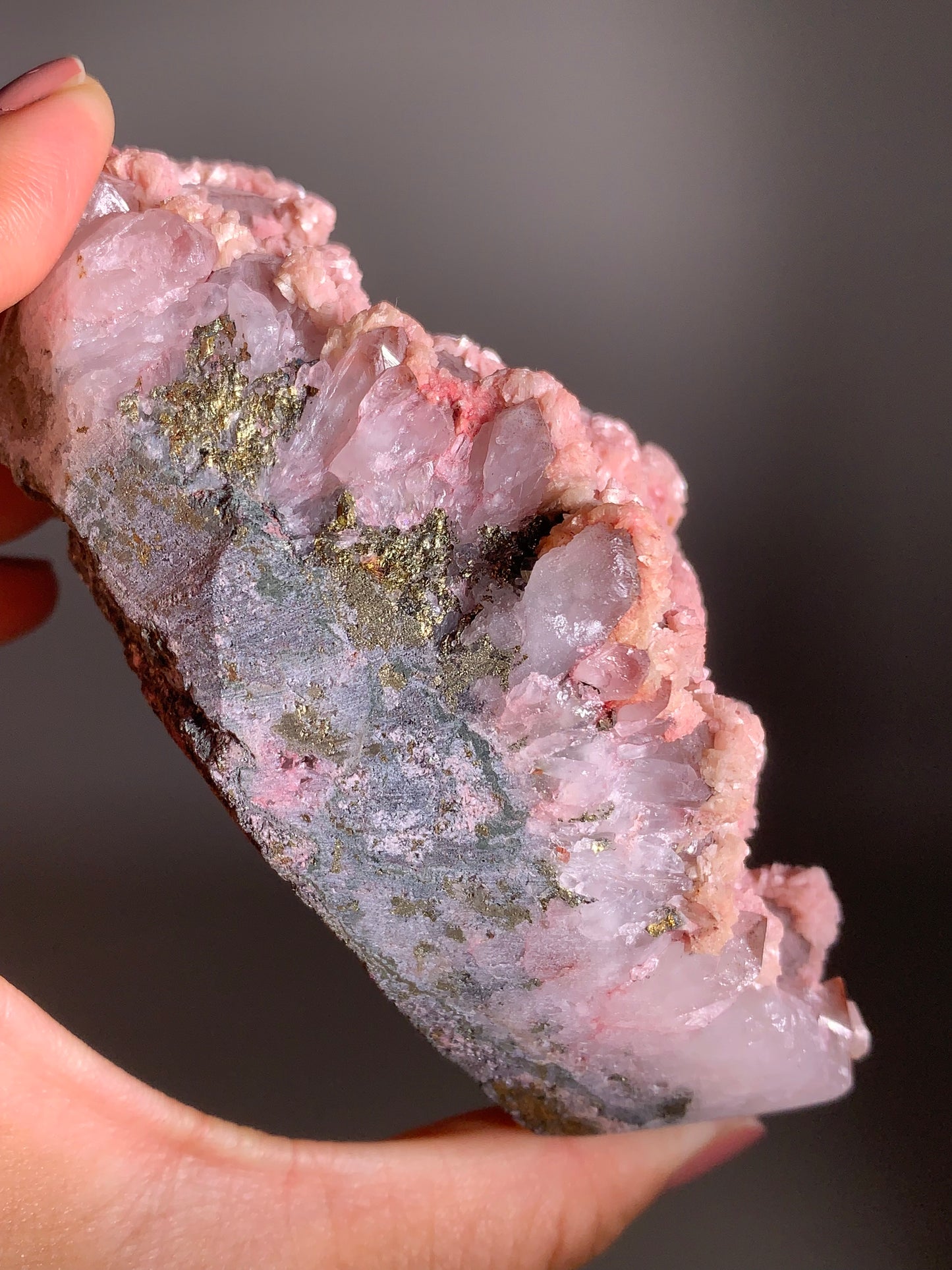 Pink Dolomite on Quartz with Pyrite Sprinkle