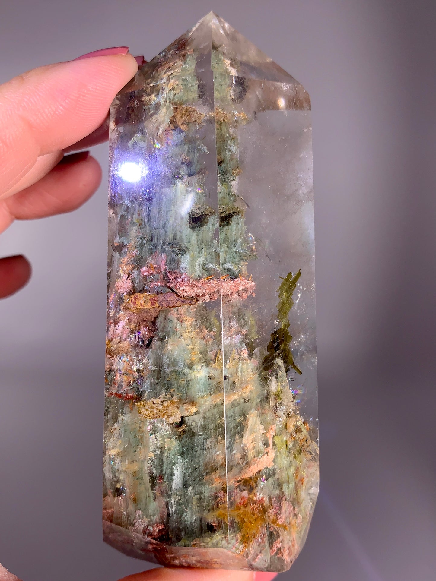 Collector’s Grade Large Colorful Garden Quartz Tower with Epidote and Tourmaline from Zambia