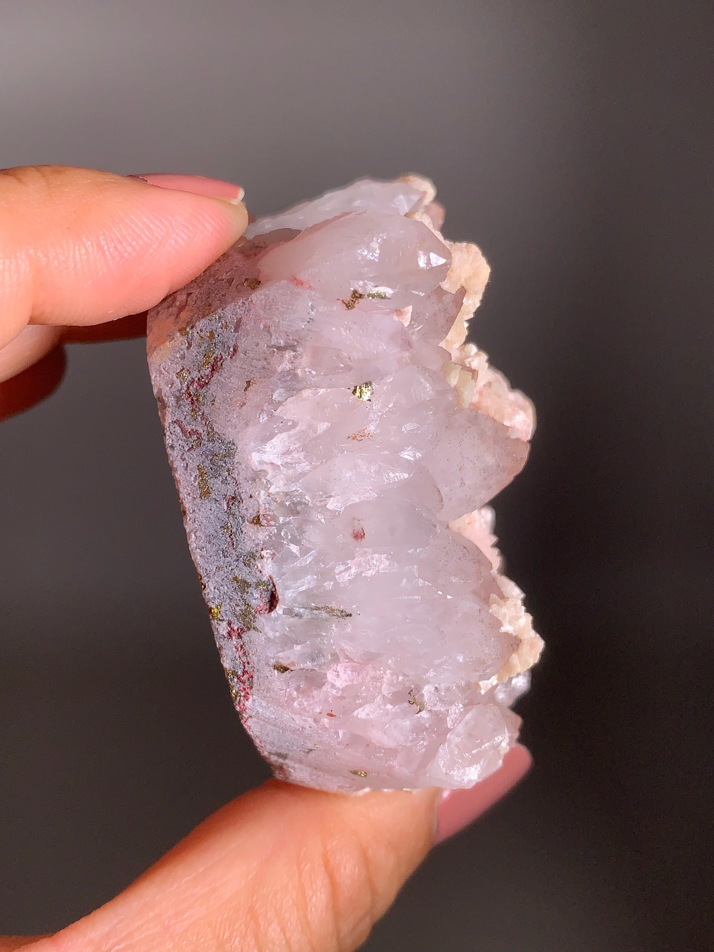 Pink Dolomite on Quartz with Pyrite Sprinkle
