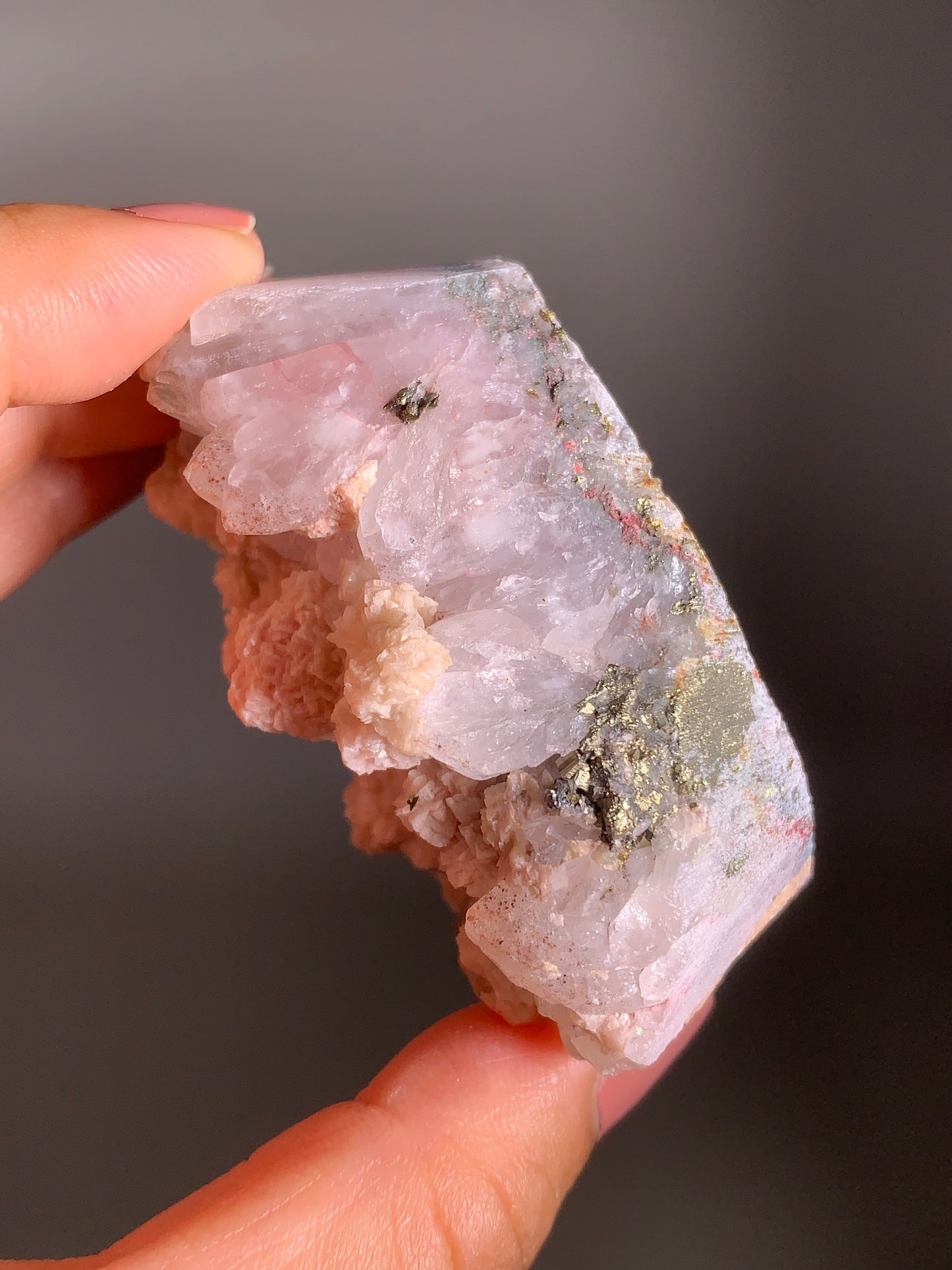 Pink Dolomite on Quartz with Pyrite Sprinkle
