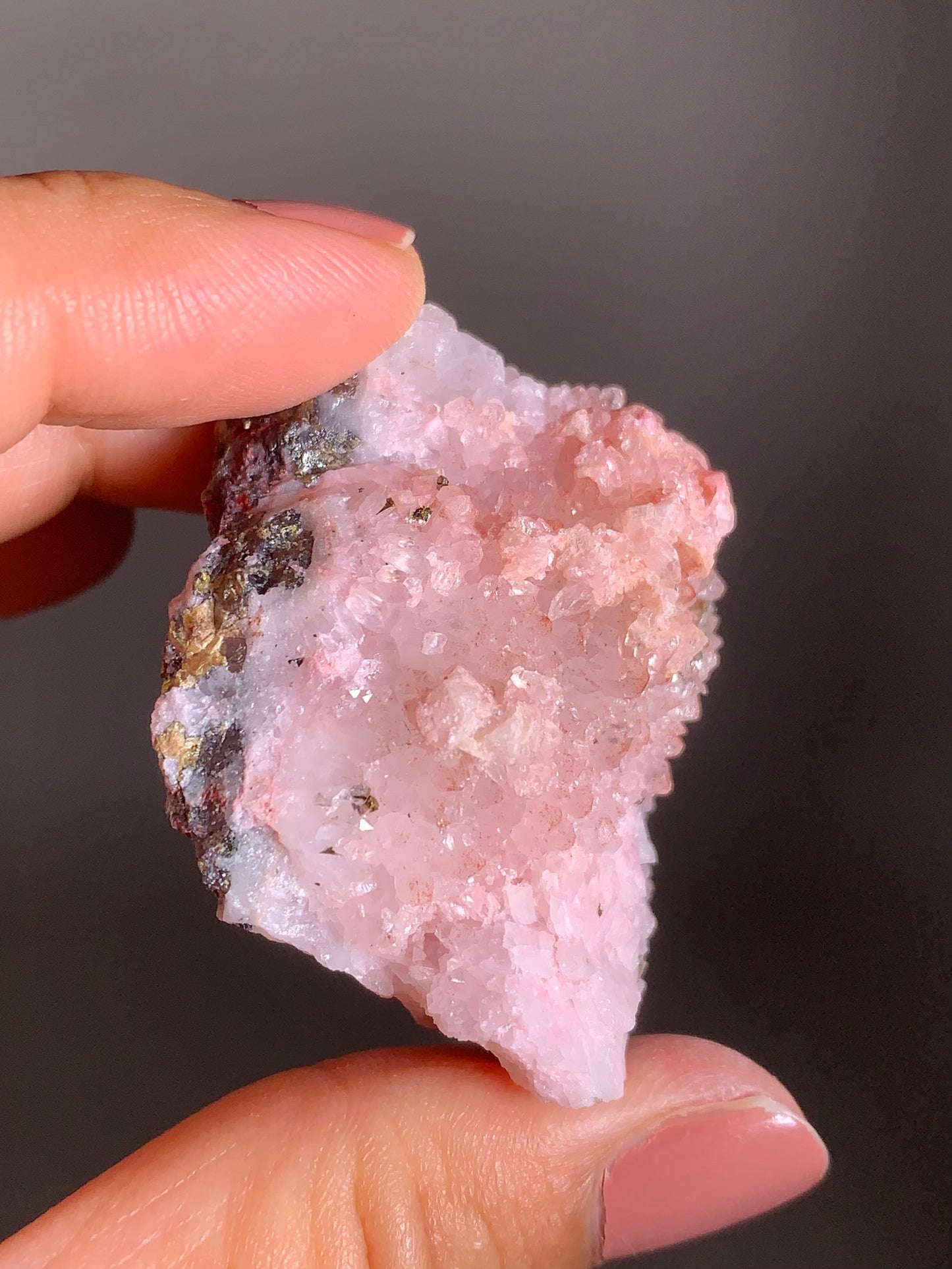Pink Dolomite on Quartz with Pyrite Sprinkle