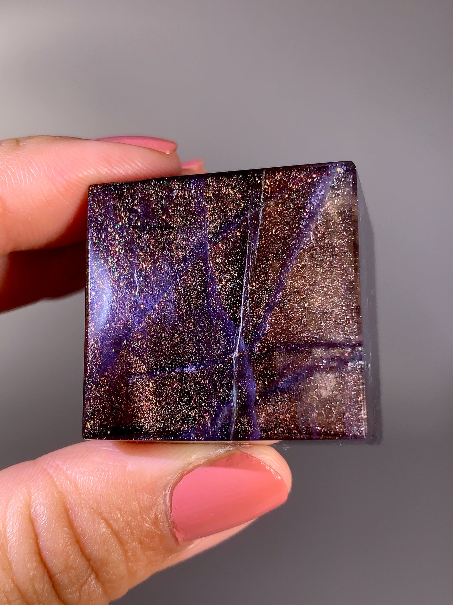 High-Grade Galaxy Iolite & Sunstone Bloodshot Cube from Tanzania