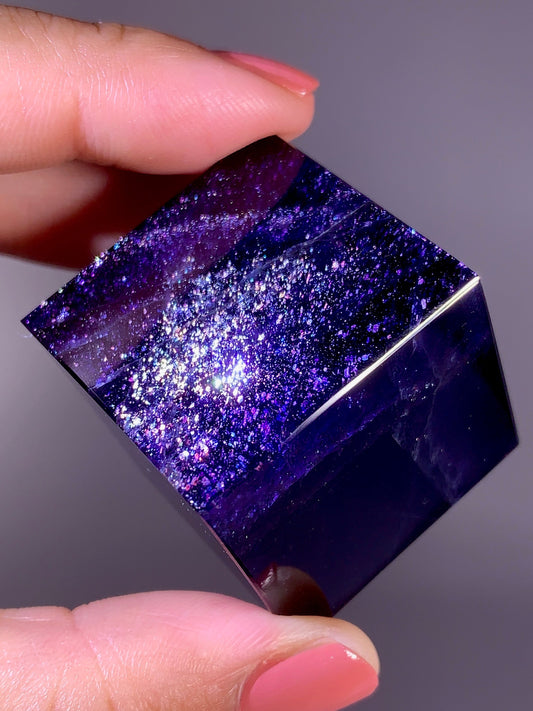 High-Grade Galaxy Iolite & Sunstone Bloodshot Cube from Tanzania
