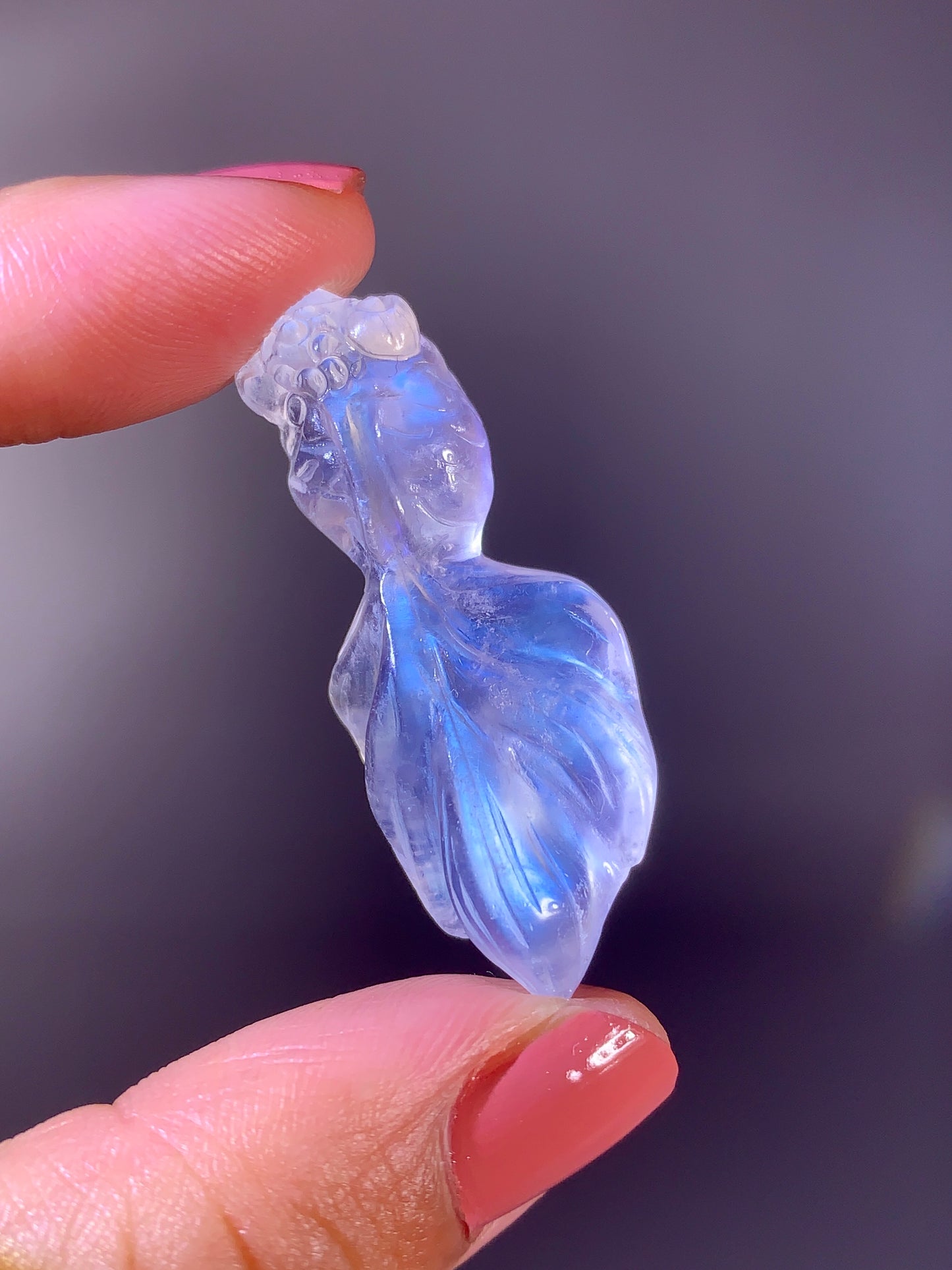 High-Quality Moonstone Goldfish Carving from Tanzania