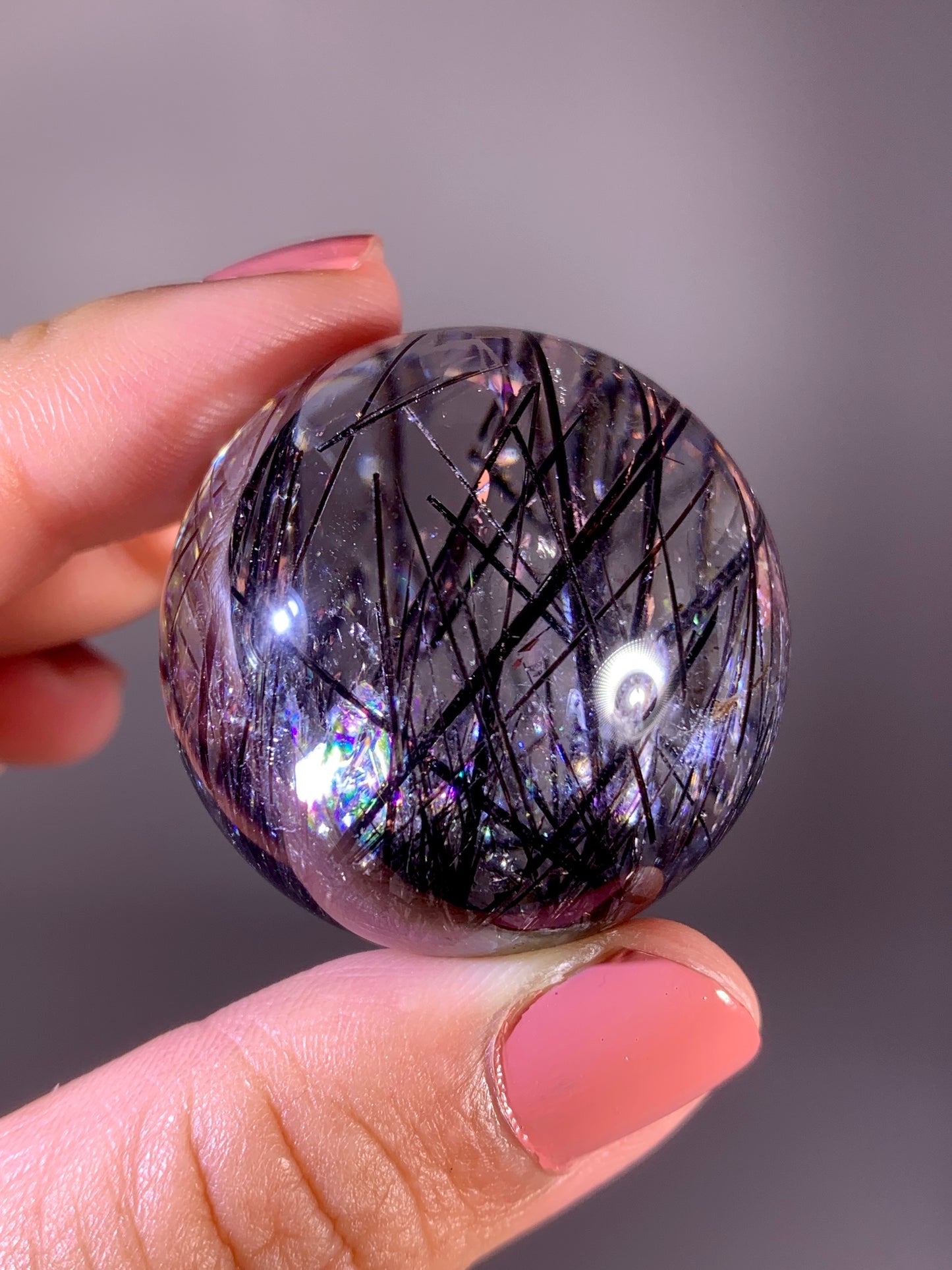 Collector's Grade Black Tourmaline in Quartz Sphere with Natural Rainbow from Brazil