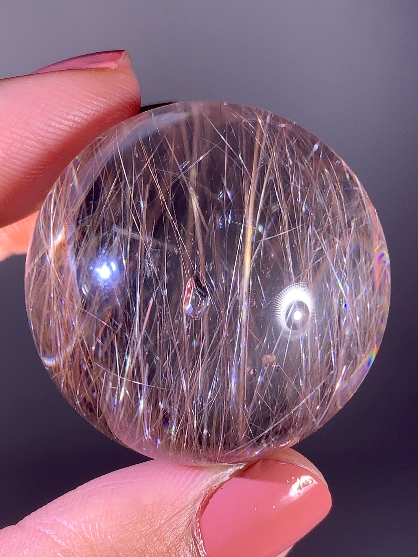 Collector’s Grade Pink Rutile with Teardrop-Shaped Quartz-in-Quartz Sphere from Brazil