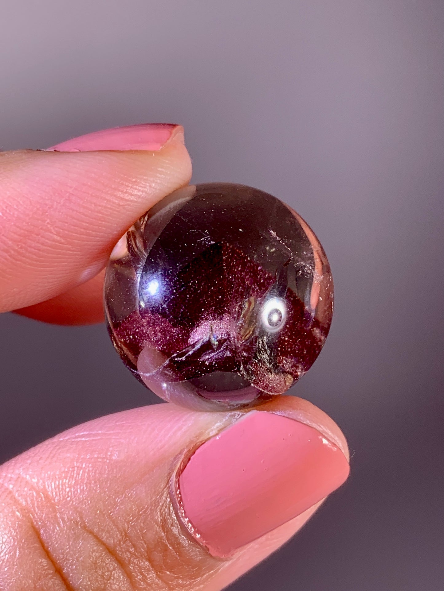 Collector’s Piece Rare Wine-Red Glittery Sand Hematite Phantom Quartz Sphere with Natural Rainbow from Madagascar