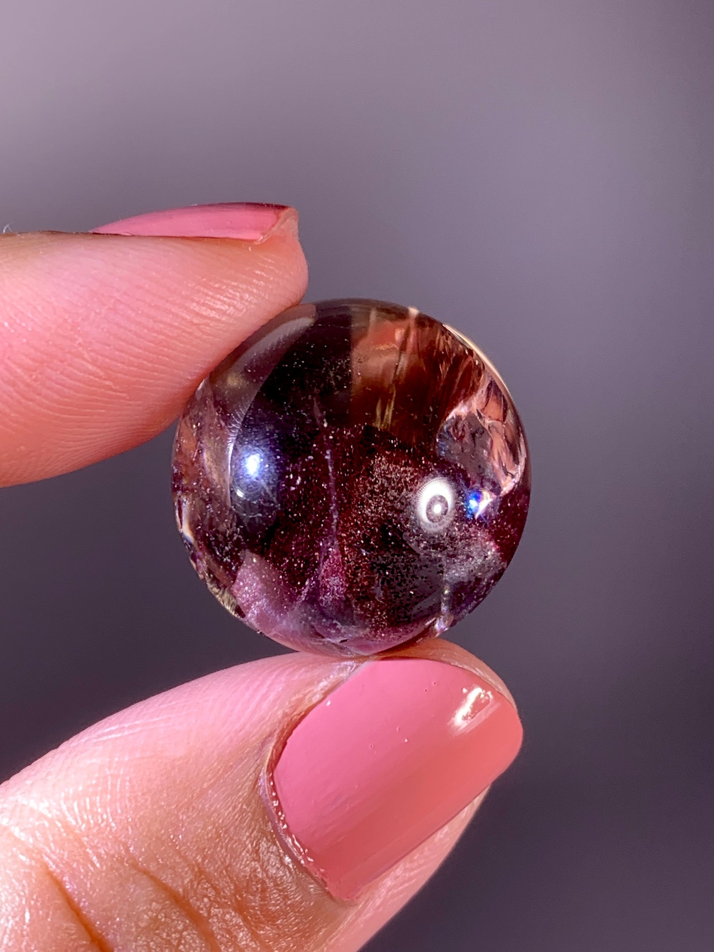 Collector’s Piece Rare Wine-Red Glittery Sand Hematite Phantom Quartz Sphere with Natural Rainbow from Madagascar