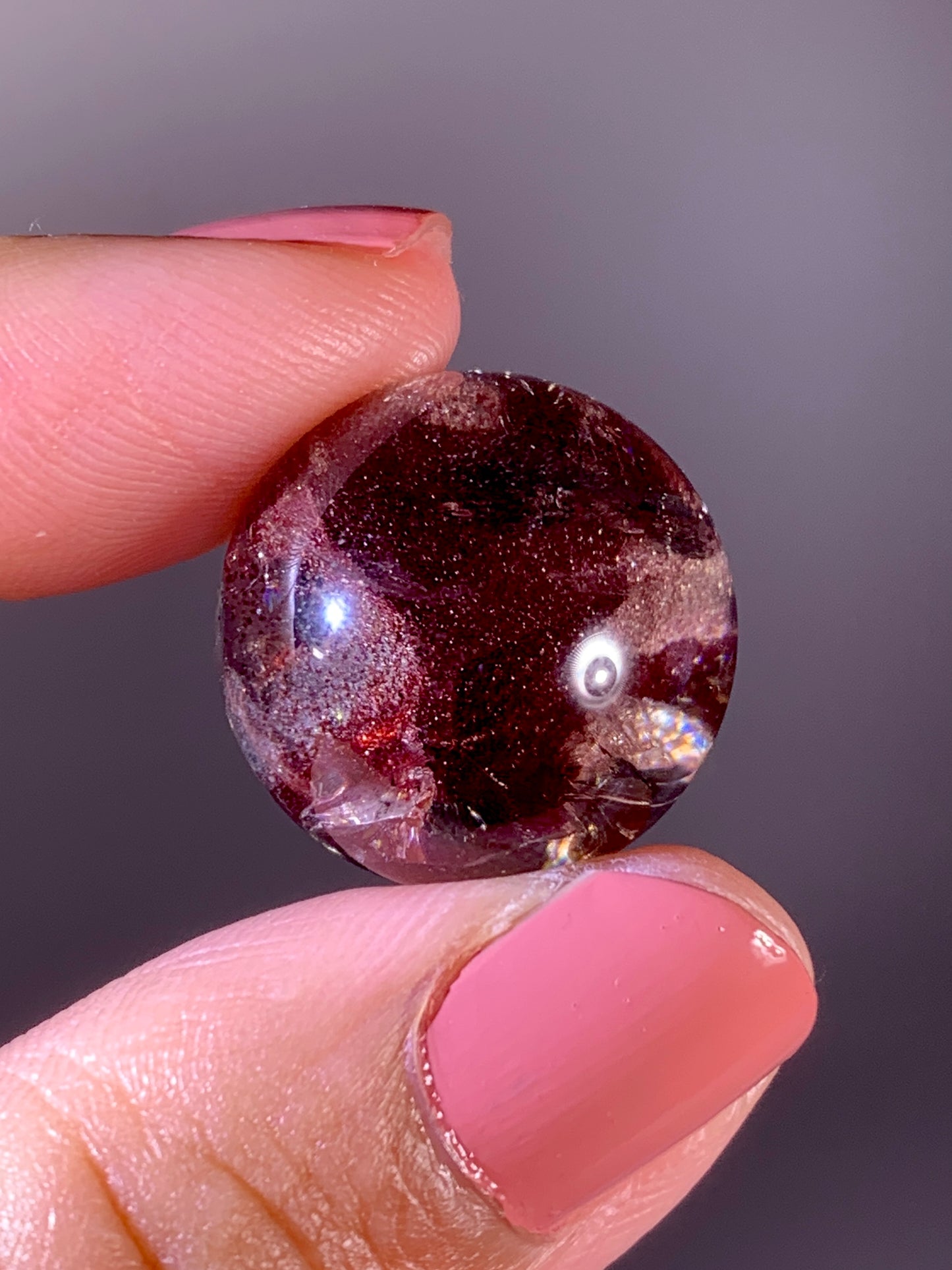Collector’s Piece Rare Wine-Red Glittery Sand Hematite Phantom Quartz Sphere with Natural Rainbow from Madagascar
