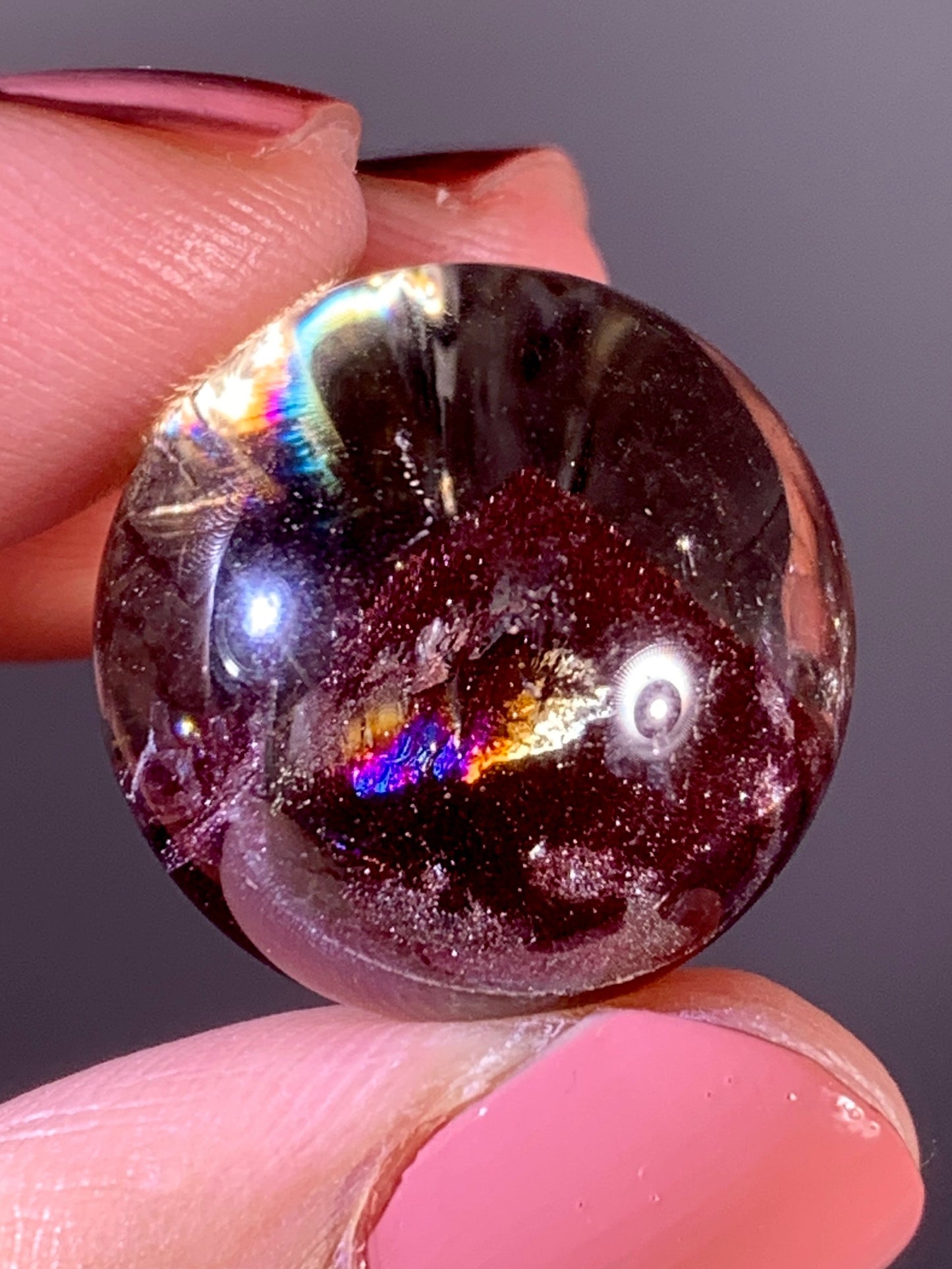Collector’s Piece Rare Wine-Red Glittery Sand Hematite Phantom Quartz Sphere with Natural Rainbow from Madagascar