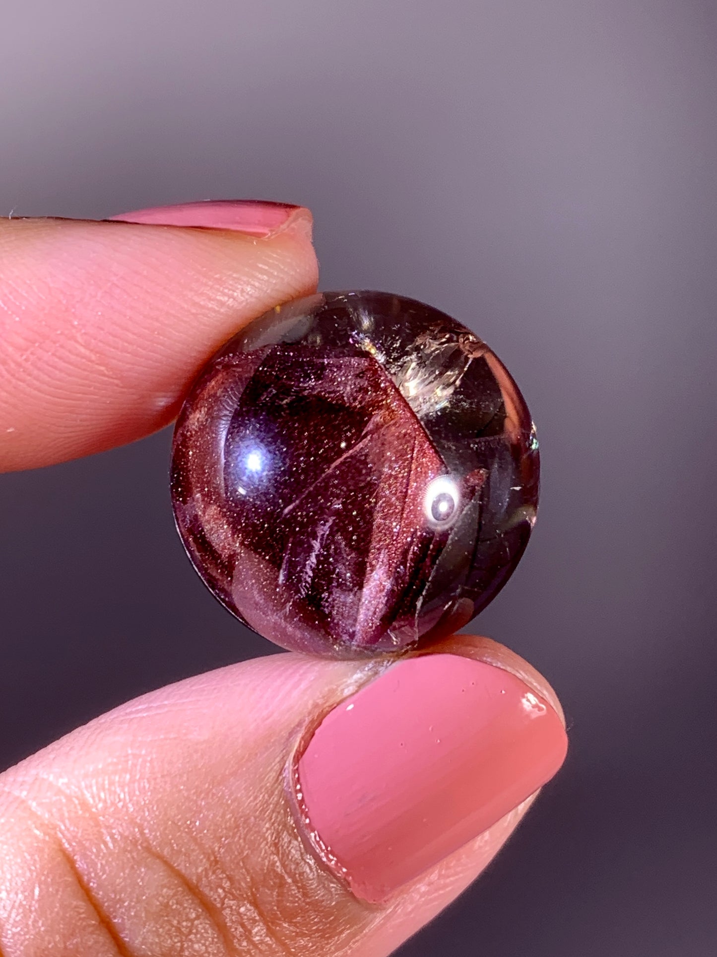 Collector’s Piece Rare Wine-Red Glittery Sand Hematite Phantom Quartz Sphere with Natural Rainbow from Madagascar