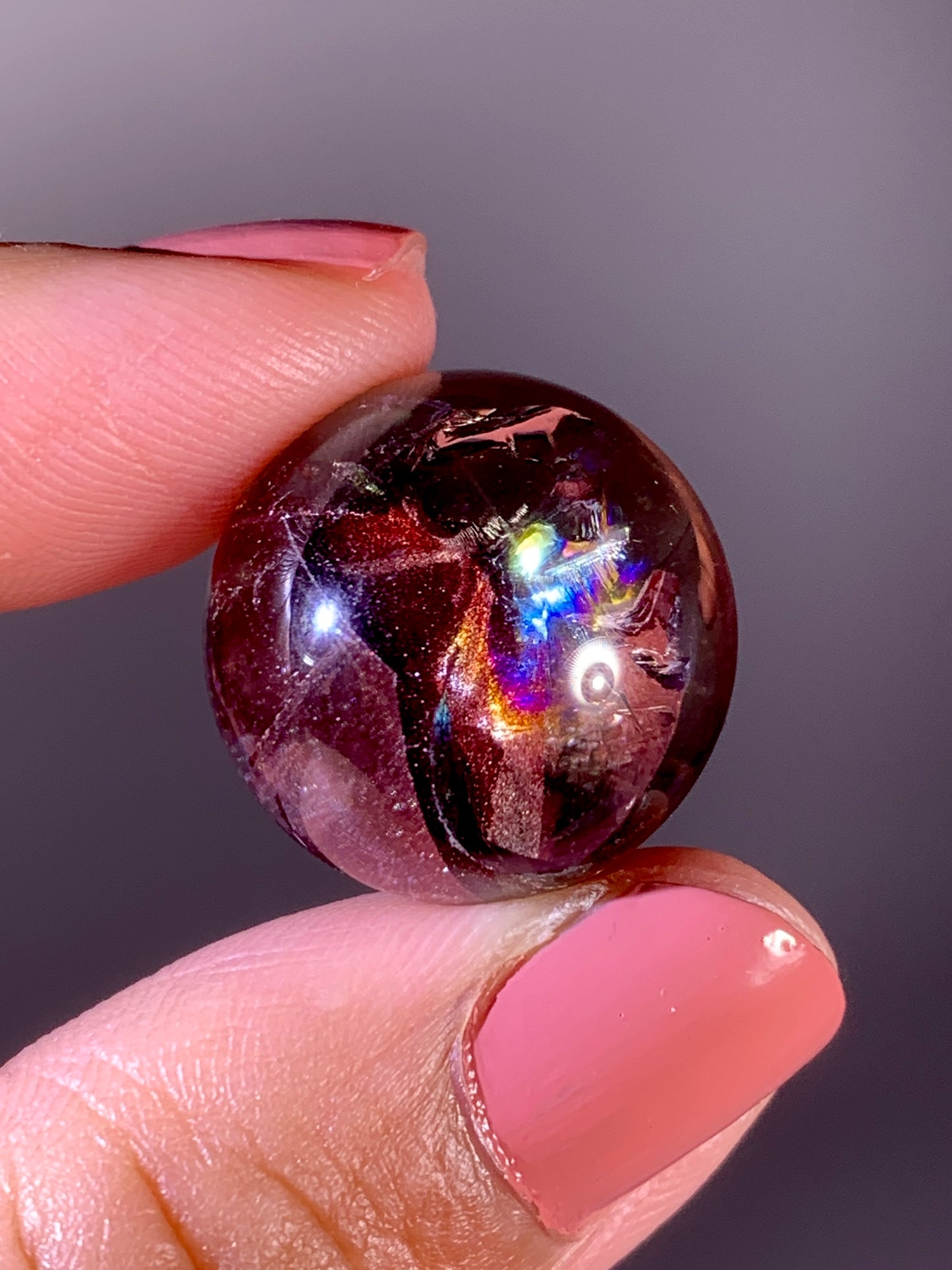 Collector’s Piece Rare Wine-Red Glittery Sand Hematite Phantom Quartz Sphere with Natural Rainbow from Madagascar