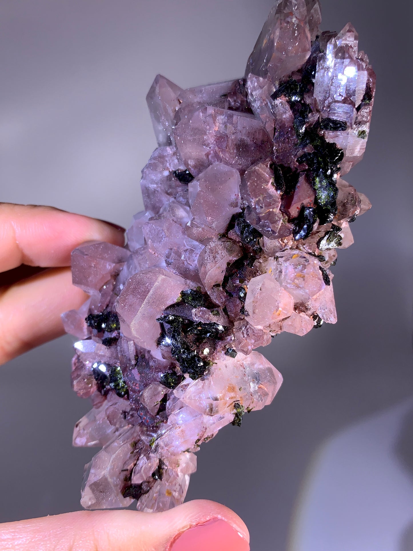 Natural Sichuan Garden Quartz Crystal Cluster Specimen with Epidote & Sparkling Pink Hematite Inclusions