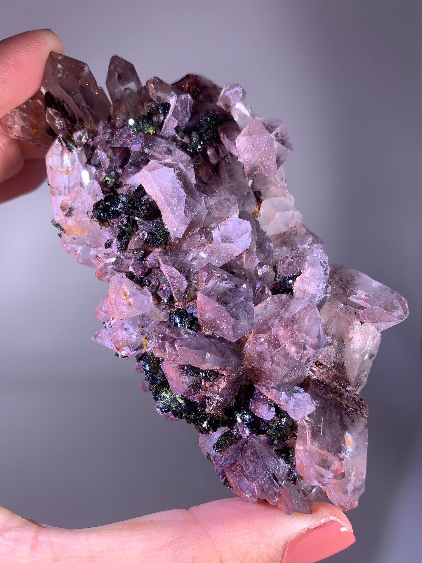 Natural Sichuan Garden Quartz Crystal Cluster Specimen with Epidote & Sparkling Pink Hematite Inclusions
