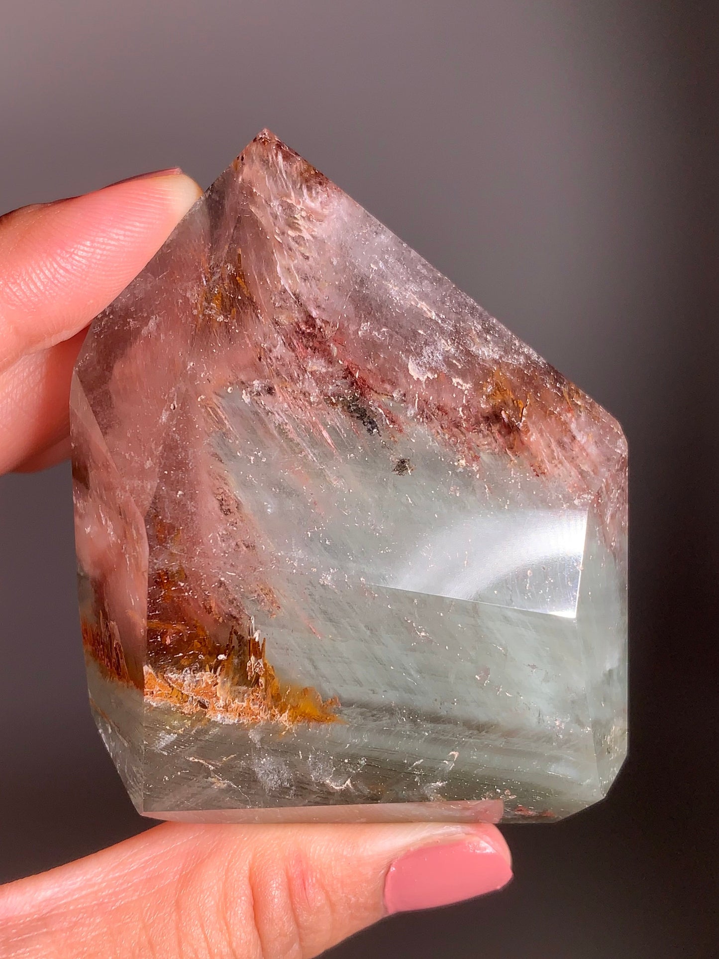Rare Colorful Garden Quartz with Pink Amphibole – A polished tower featuring vibrant layered inclusions and soft pink tones