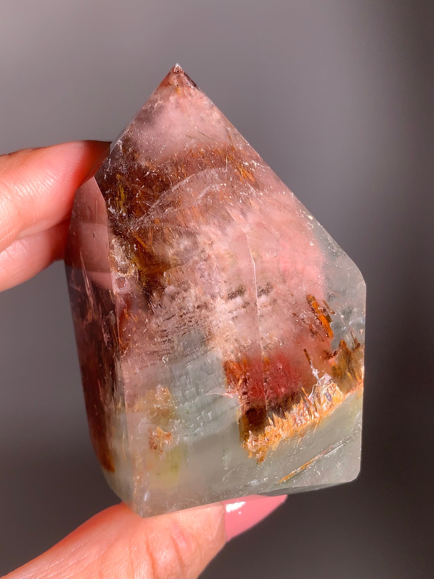Rare Colorful Garden Quartz with Pink Amphibole – A polished tower featuring vibrant layered inclusions and soft pink tones