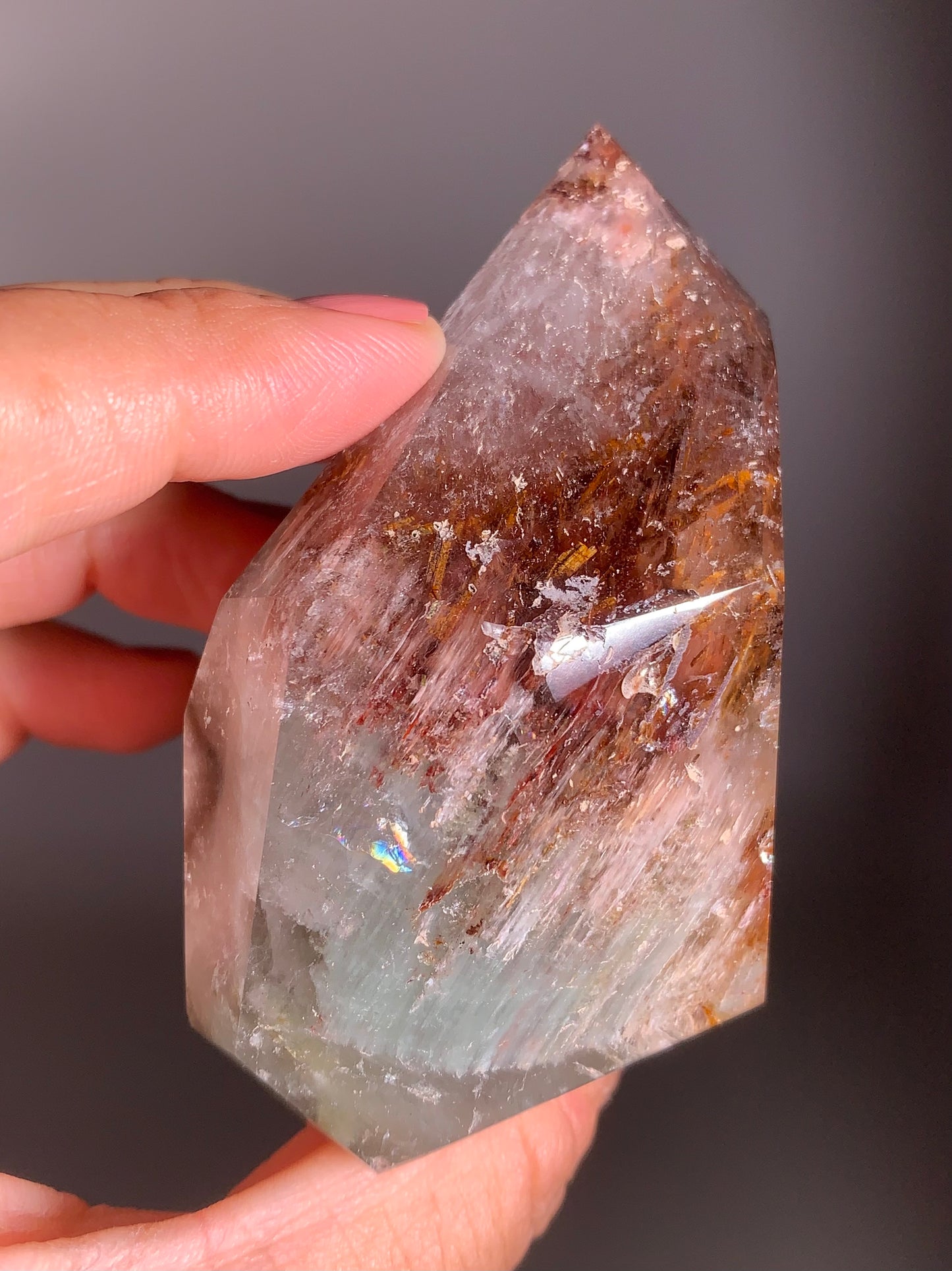 Rare Colorful Garden Quartz with Pink Amphibole – A polished tower featuring vibrant layered inclusions and soft pink tones