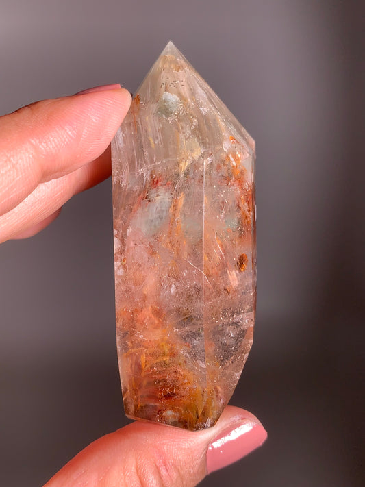 Rare Colorful Garden Quartz with Pink Amphibole – A polished tower featuring vibrant layered inclusions and soft pink tones