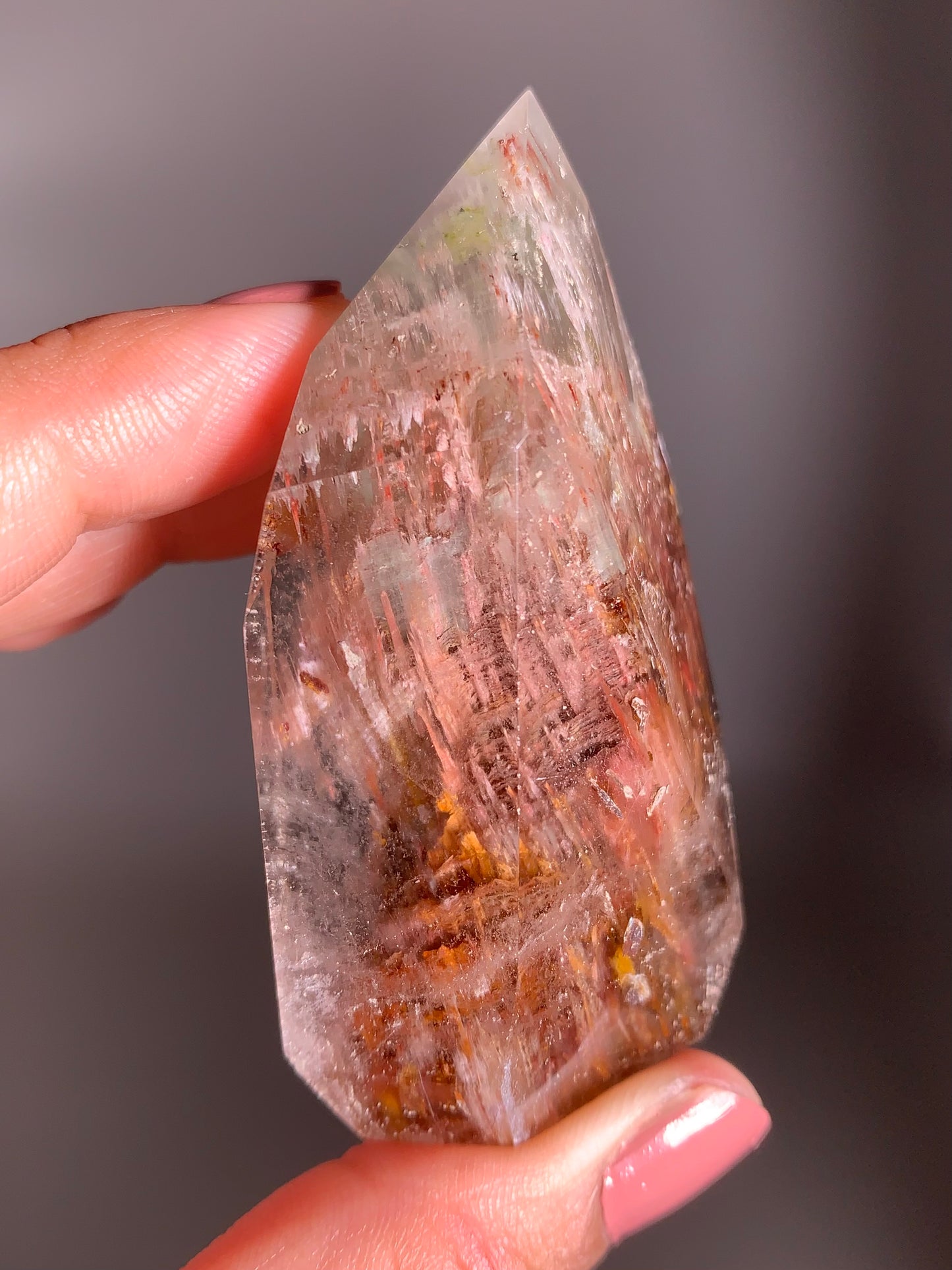 Rare Colorful Garden Quartz with Pink Amphibole – A polished tower featuring vibrant layered inclusions and soft pink tones
