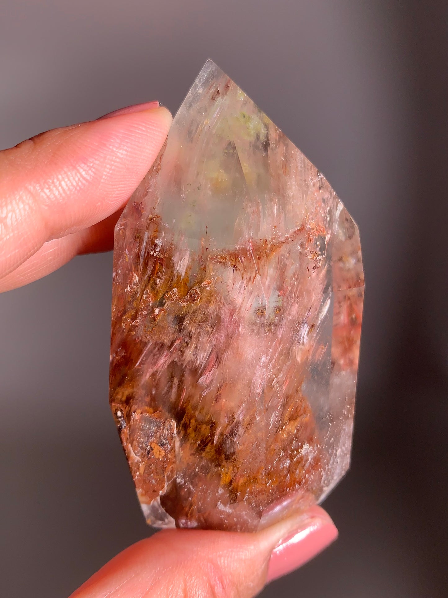 Rare Colorful Garden Quartz with Pink Amphibole – A polished tower featuring vibrant layered inclusions and soft pink tones