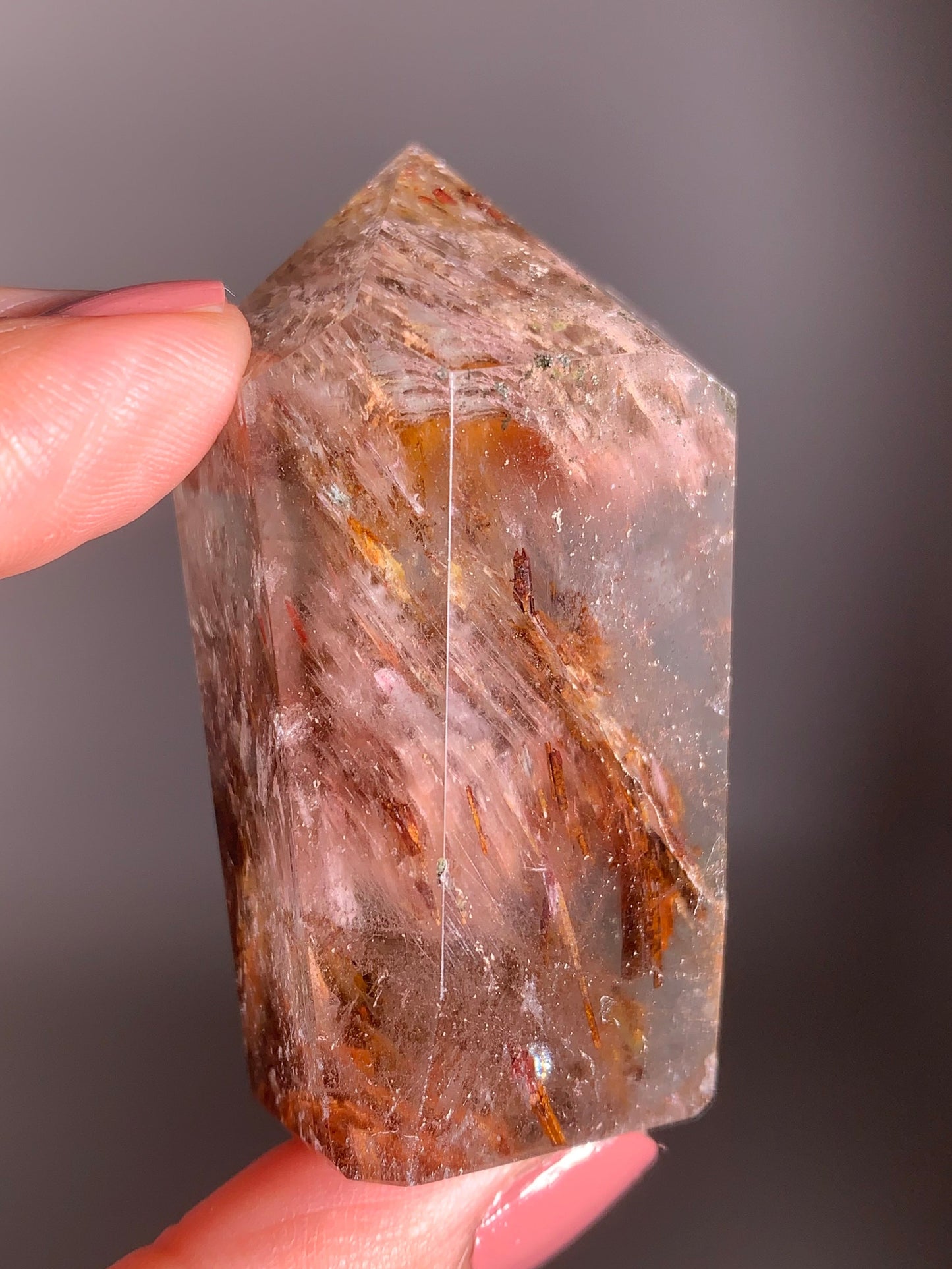 Rare Colorful Garden Quartz with Pink Amphibole – A polished tower featuring vibrant layered inclusions and soft pink tones