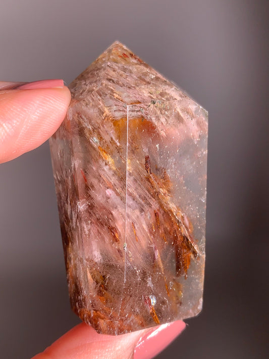 Rare Colorful Garden Quartz with Pink Amphibole – A polished tower featuring vibrant layered inclusions and soft pink tones