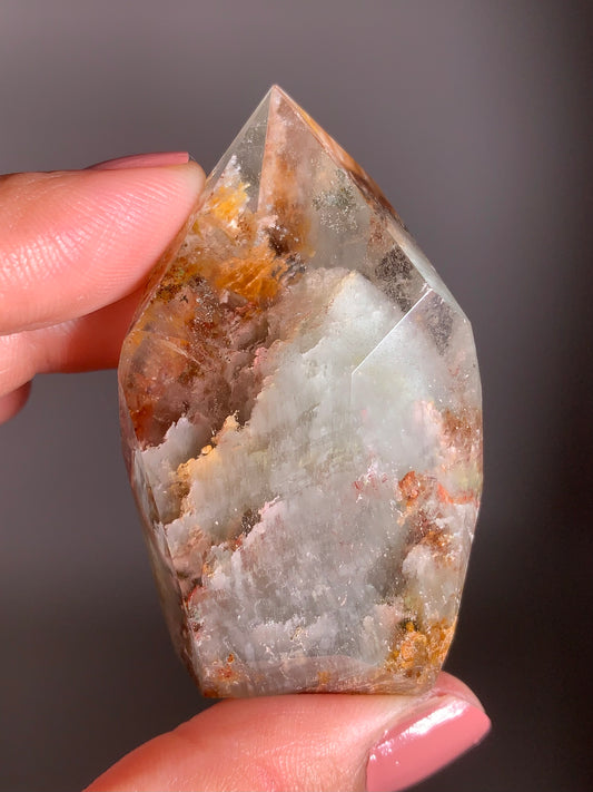 Rare Colorful Garden Quartz with Pink Amphibole – A polished tower featuring vibrant layered inclusions and soft pink tones