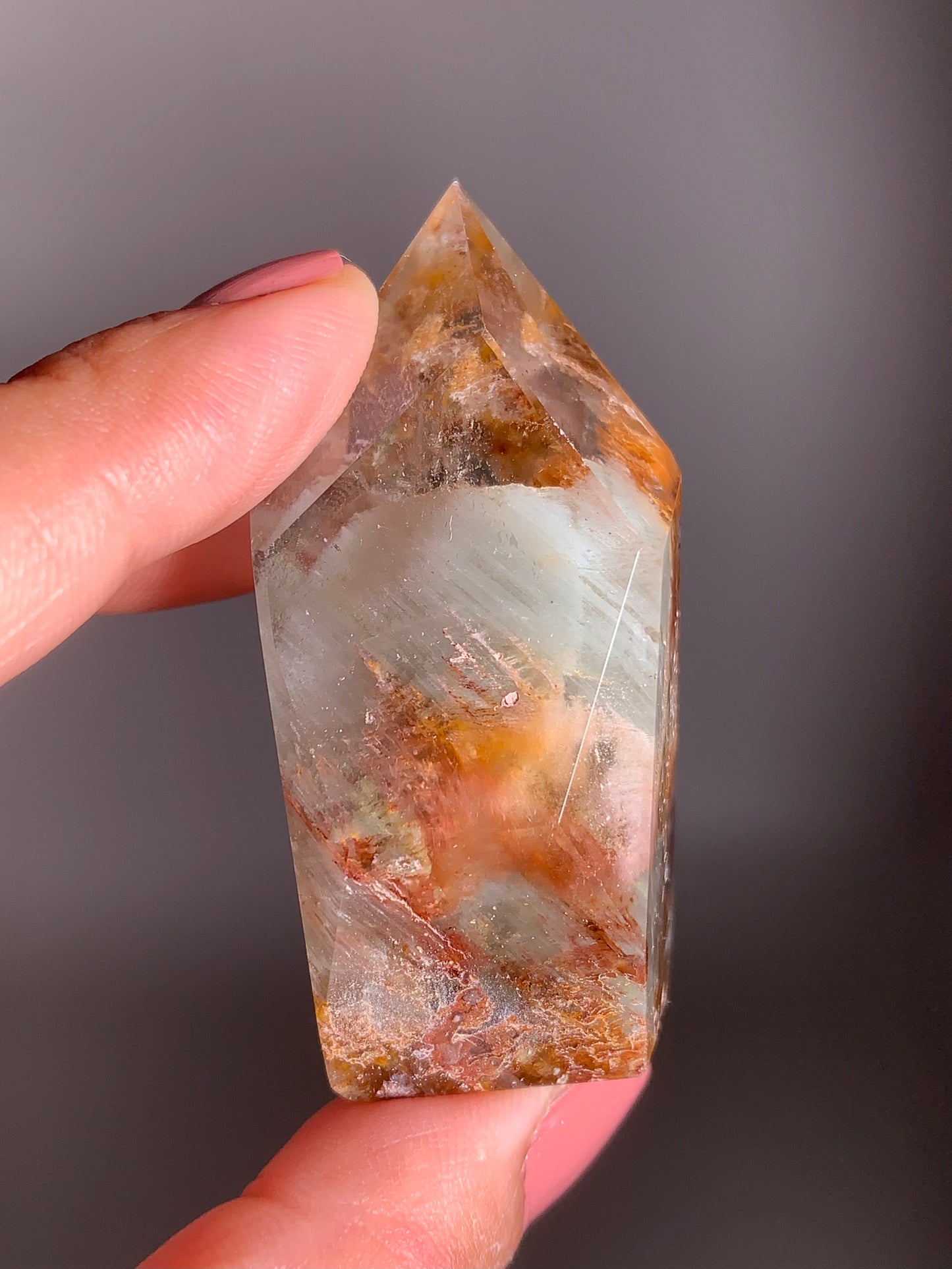 Rare Colorful Garden Quartz with Pink Amphibole – A polished tower featuring vibrant layered inclusions and soft pink tones