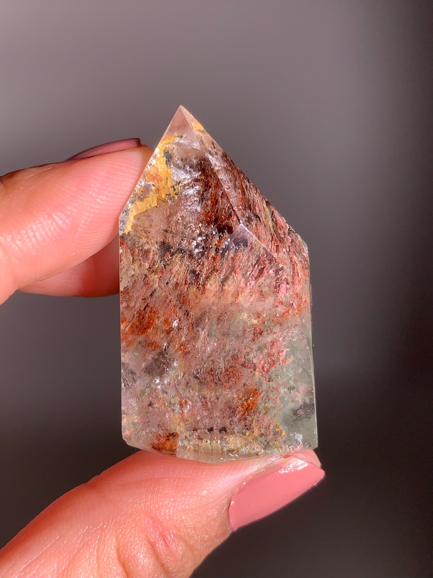 Rare Colorful Garden Quartz with Pink Amphibole – A polished tower featuring vibrant layered inclusions and soft pink tones