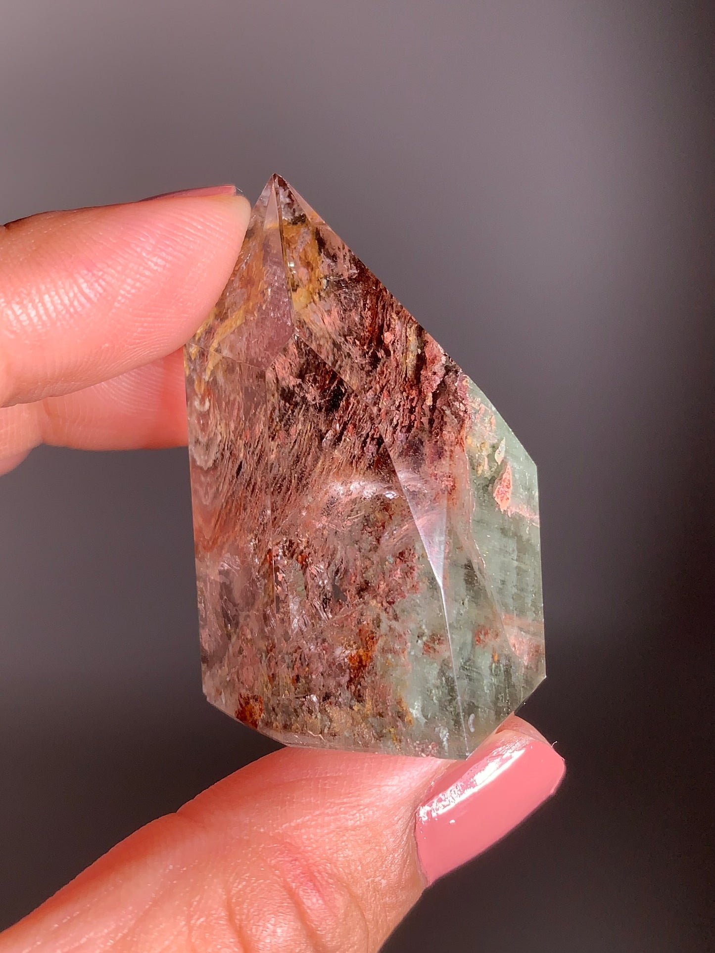 Rare Colorful Garden Quartz with Pink Amphibole – A polished tower featuring vibrant layered inclusions and soft pink tones