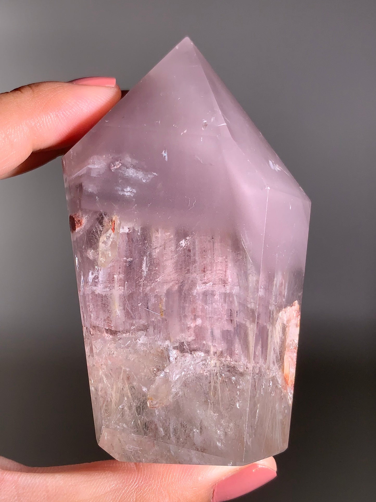 Extremely Rare Lavender Pink Lithium with Purple Amphibole, Large Manifestation & Rutile Inclusions – Collector’s Crystal