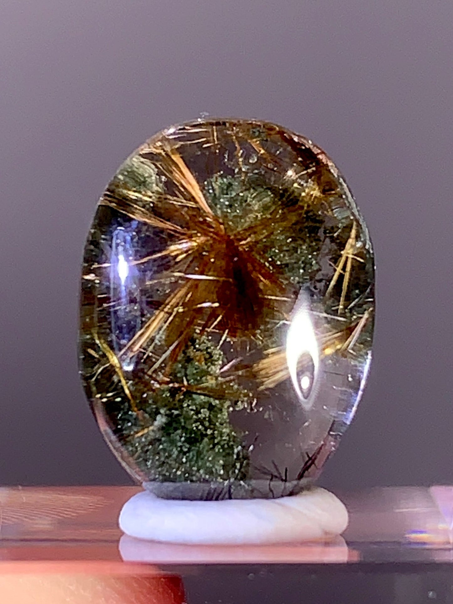 High-Quality Gold Flower Rutile with Green Garden Quartz Cabochon | Brazil