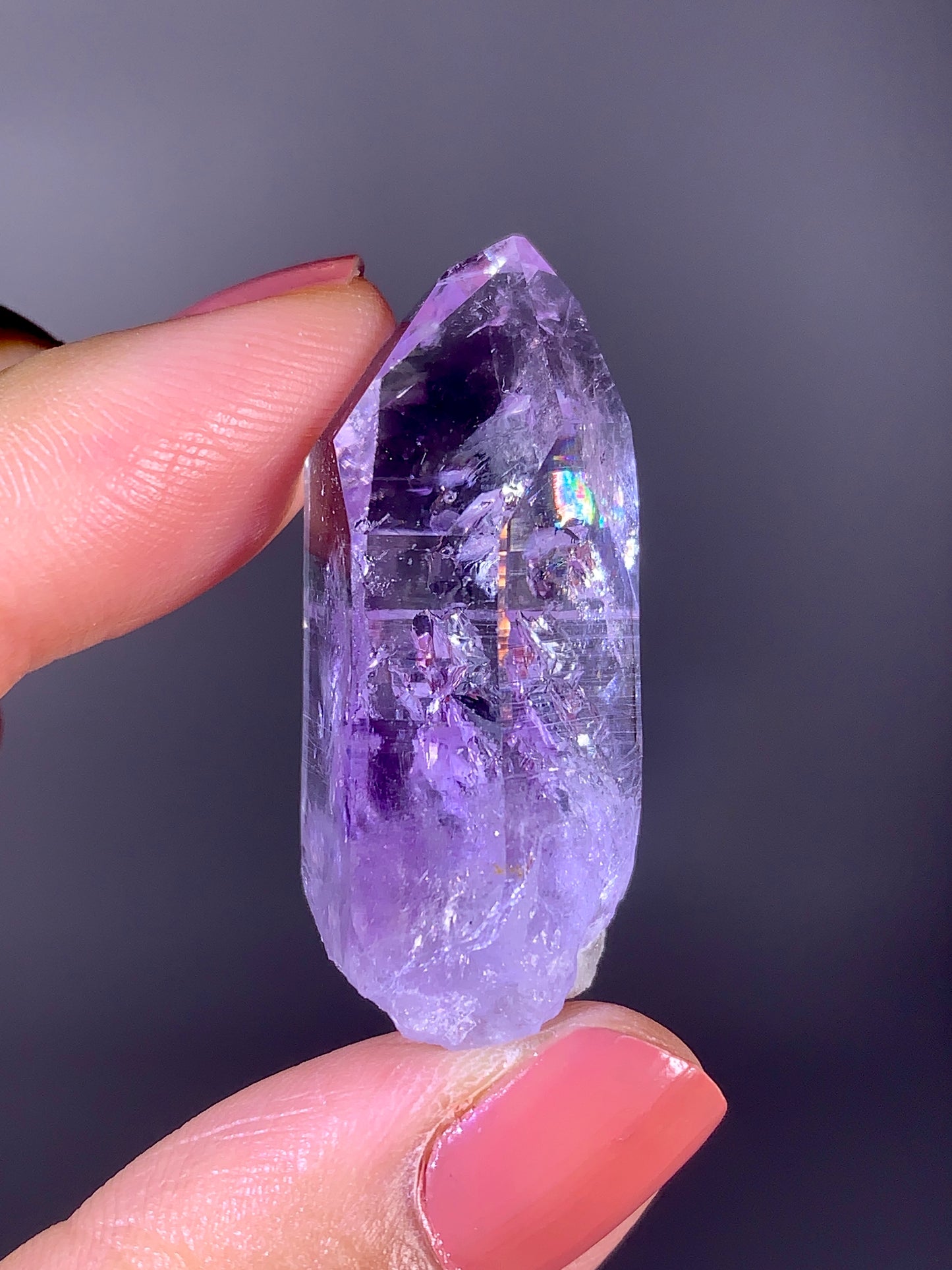 Rare Light Lavender Amethyst Enhydro Crystal Point with Double Bubble Fluid Inclusions from Brazil