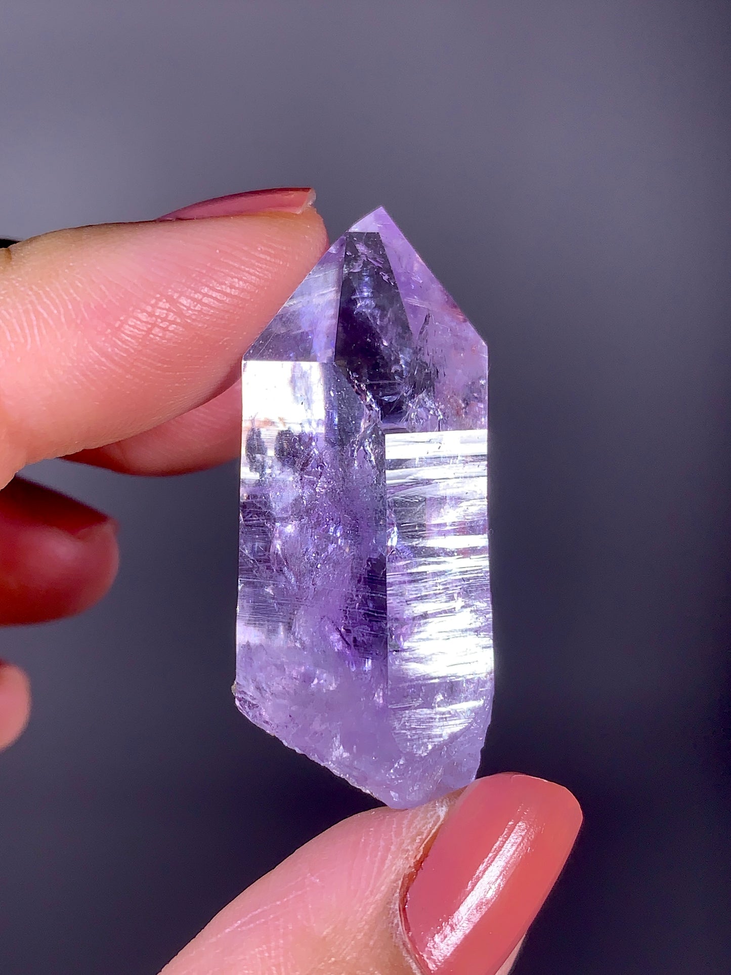 Rare Light Lavender Amethyst Enhydro Crystal Point with Double Bubble Fluid Inclusions from Brazil