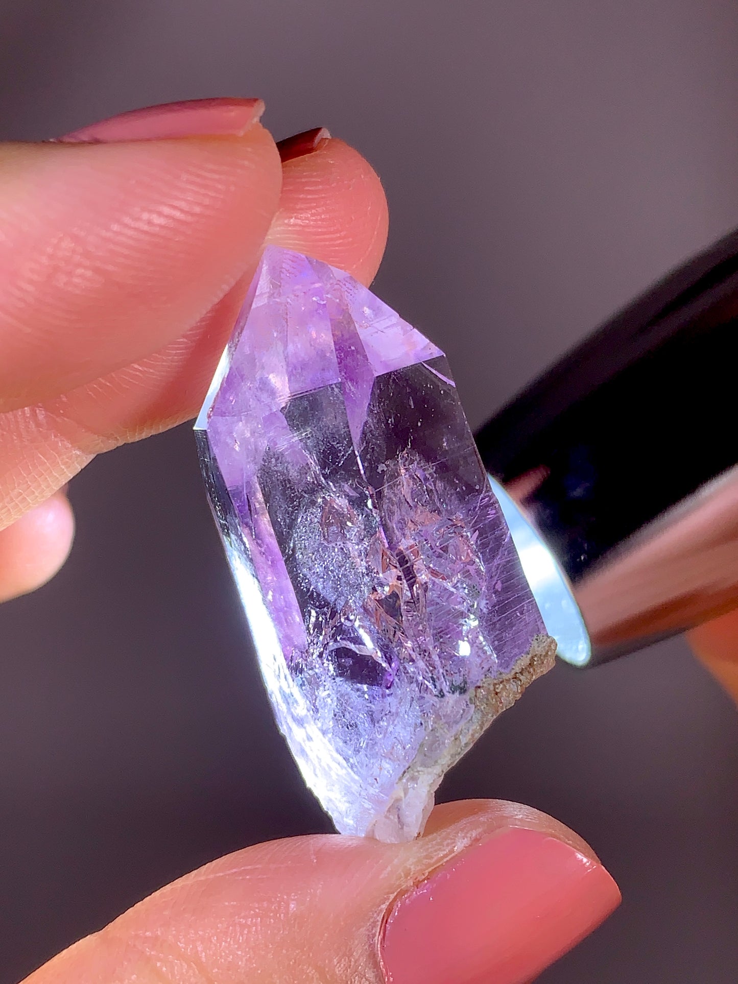 Rare Light Lavender Amethyst Enhydro Crystal Point with Double Bubble Fluid Inclusions from Brazil