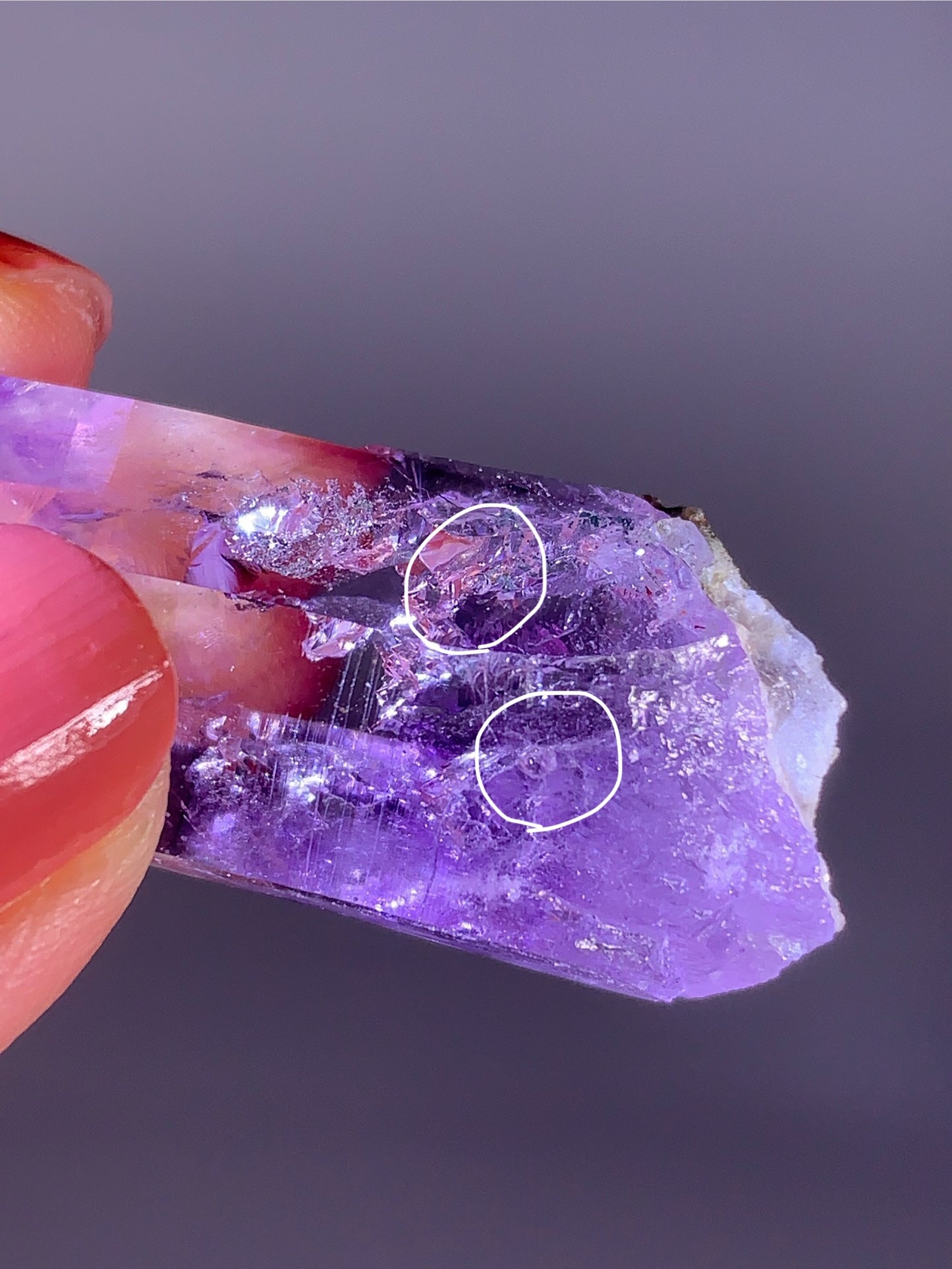 Rare Light Lavender Amethyst Enhydro Crystal Point with Double Bubble Fluid Inclusions from Brazil